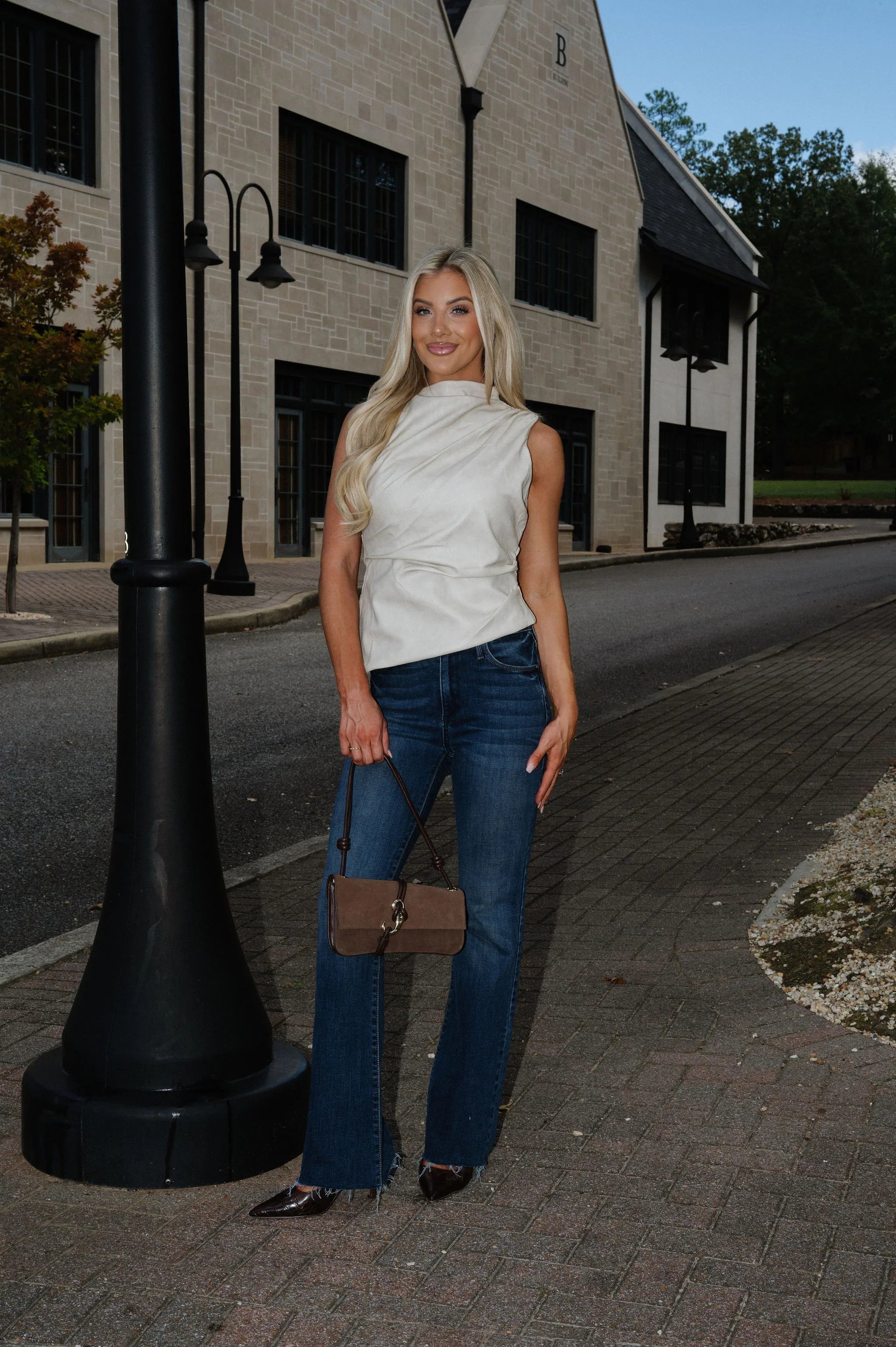 Distressed Asymmetrical Leather Top-Beige