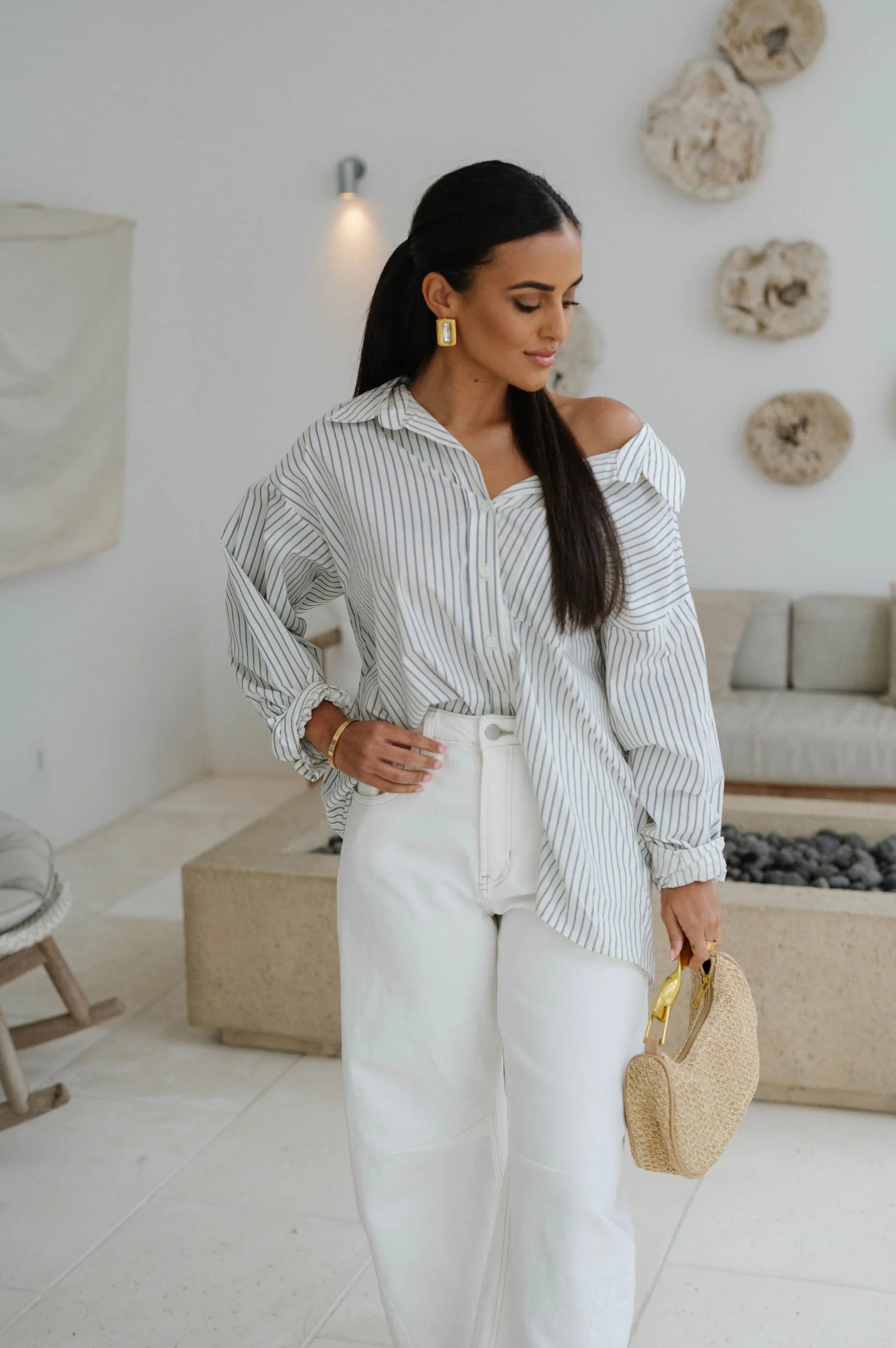 Harrison Oversized Striped Top-Off White/Blue