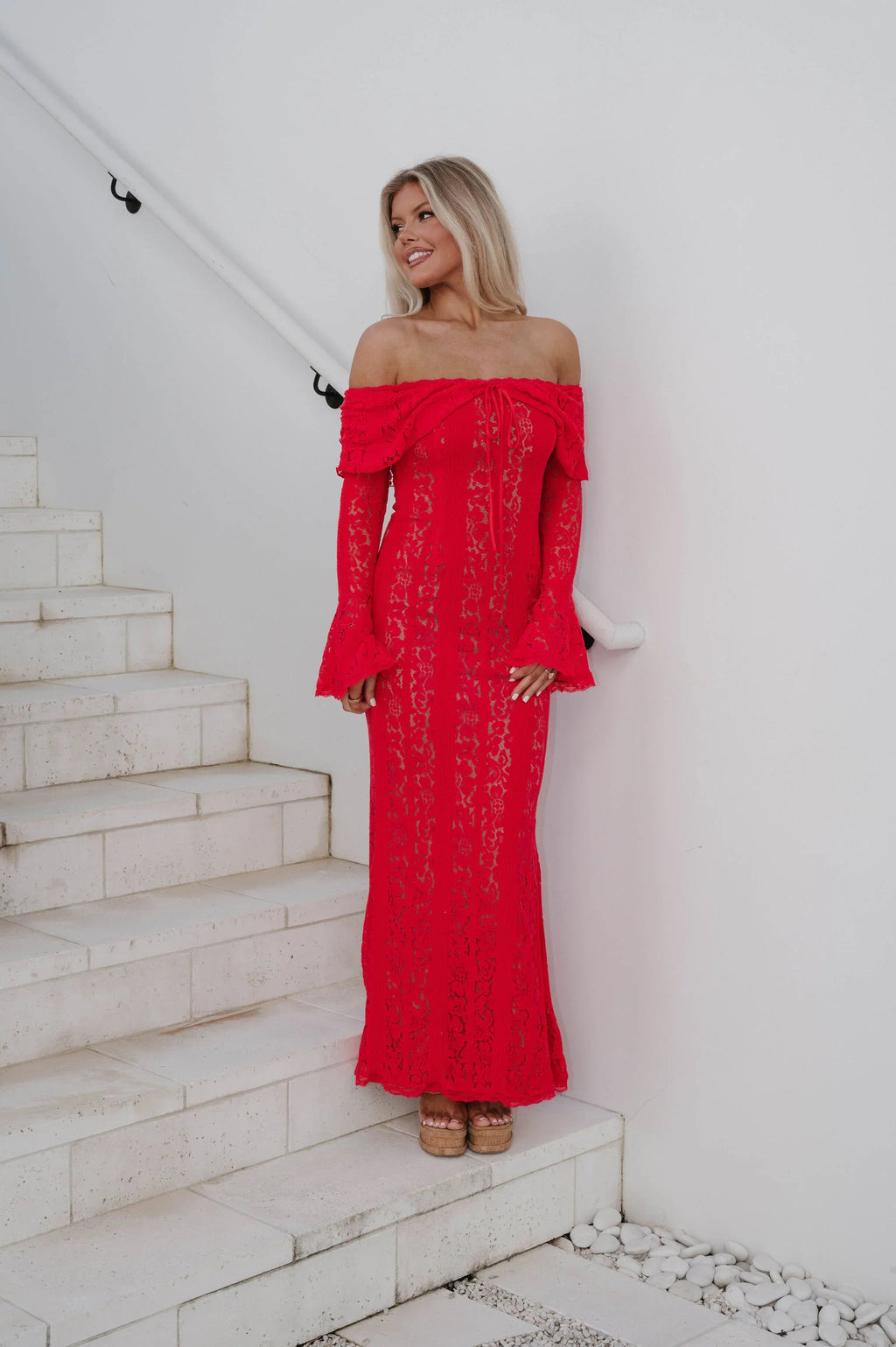 Della Lace Maxi Dress-Red/Nude