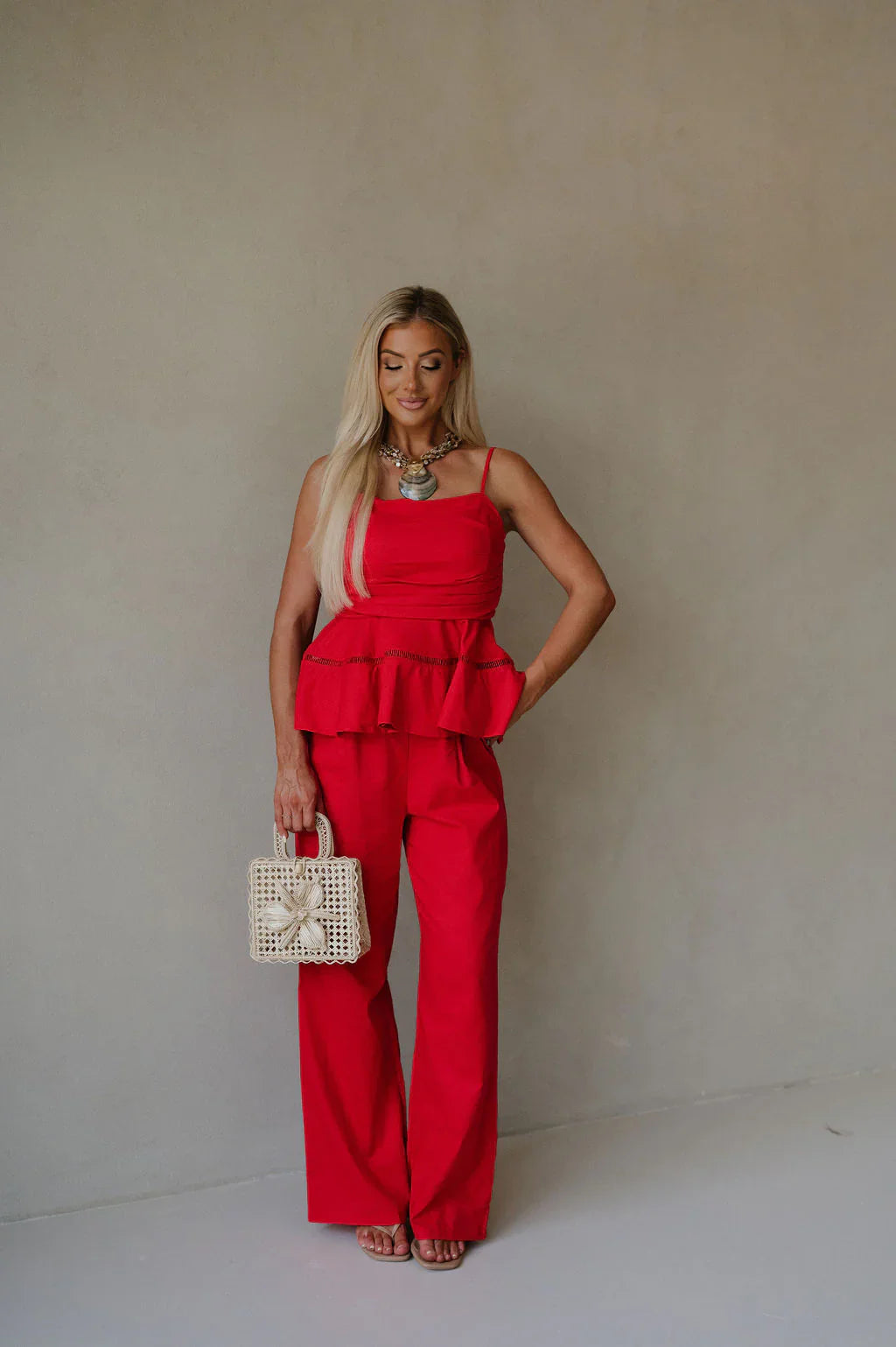 Linen Tube Pants Set-Red