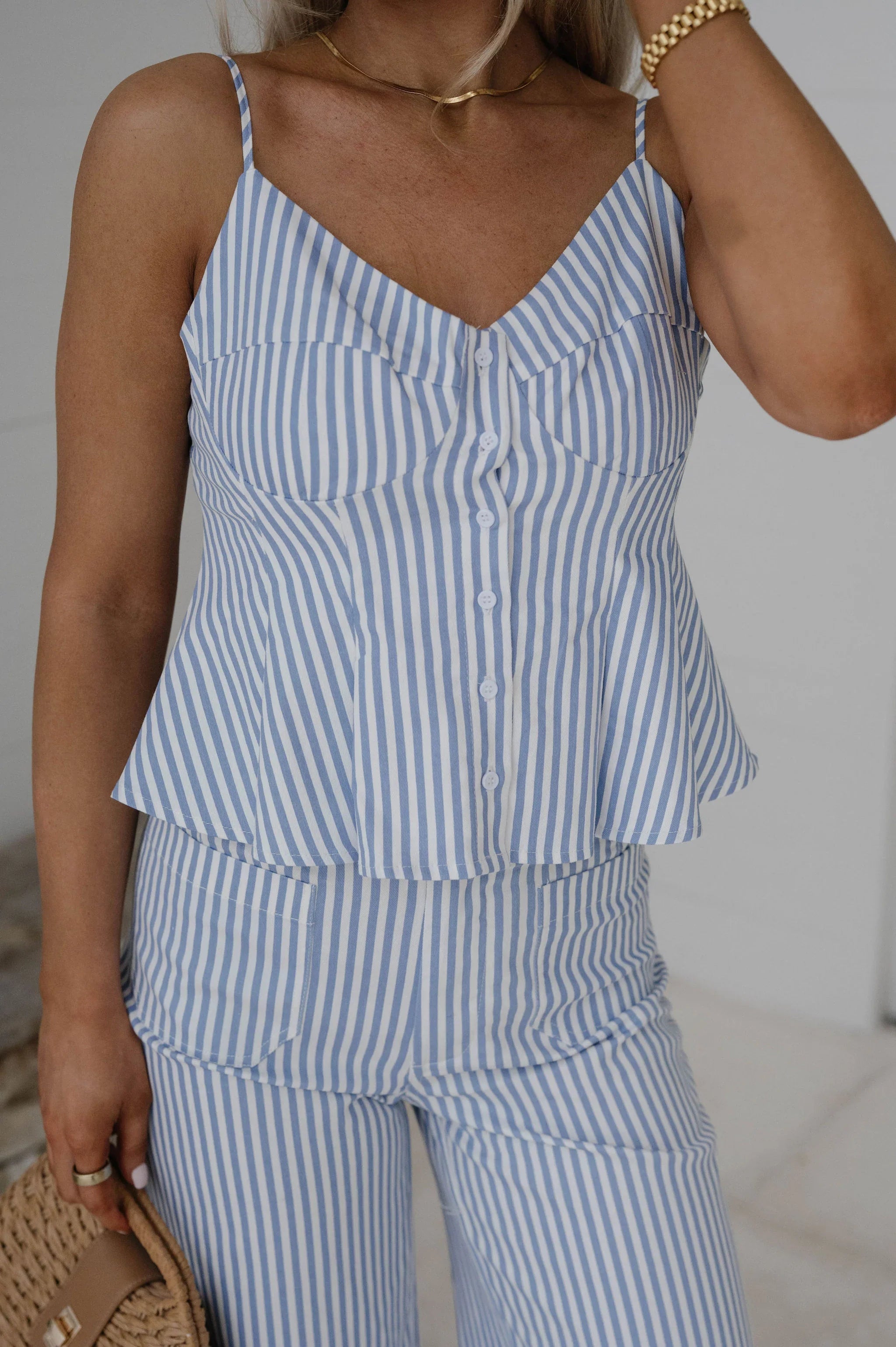 Rosemary Striped Pants Set-Light Blue