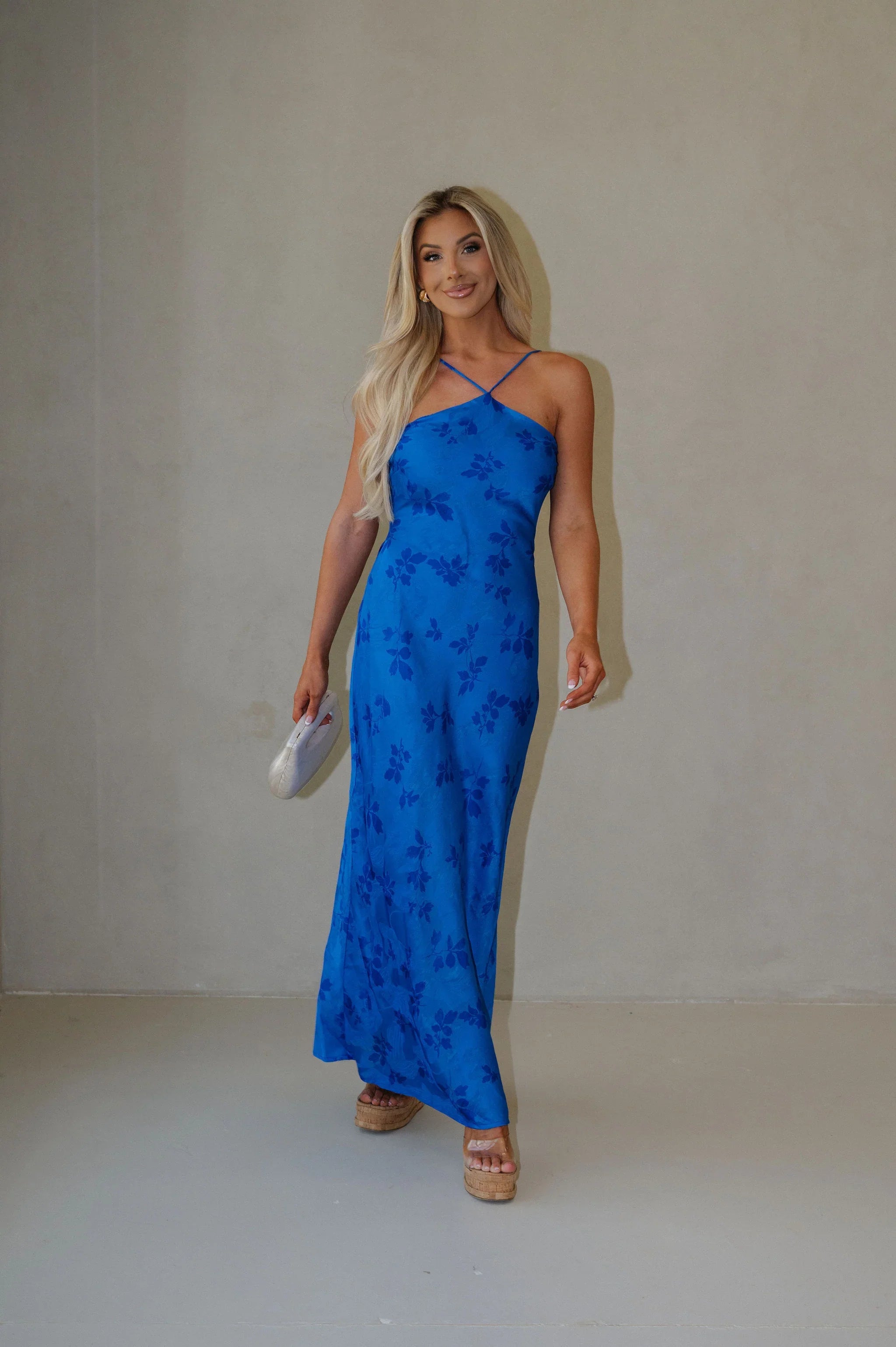 Crossback Halter Maxi Dress-Blue Floral