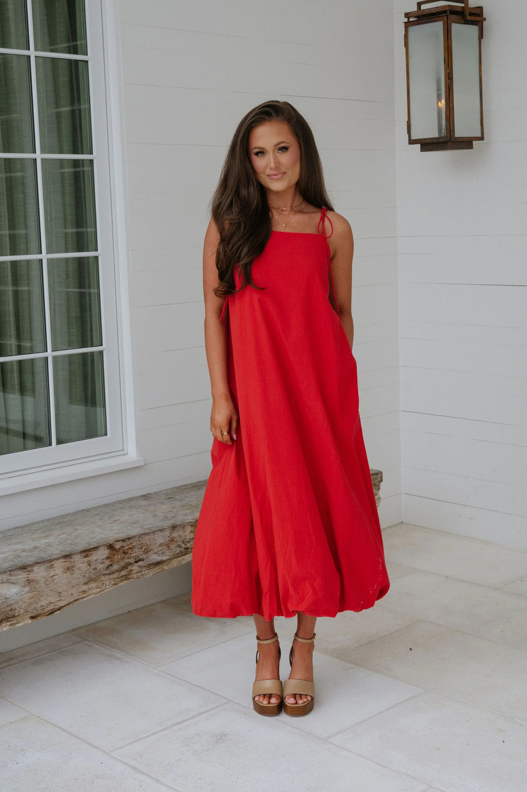 Bubble Hem Midi Dress- Red