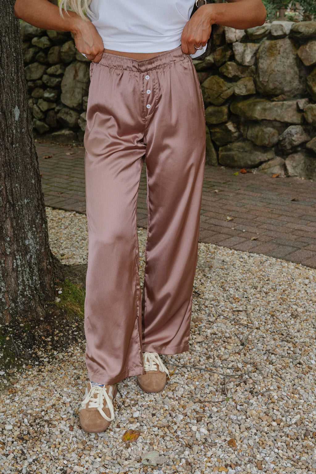 Mid-Waist Wide Leg Satin Pant-Bronze