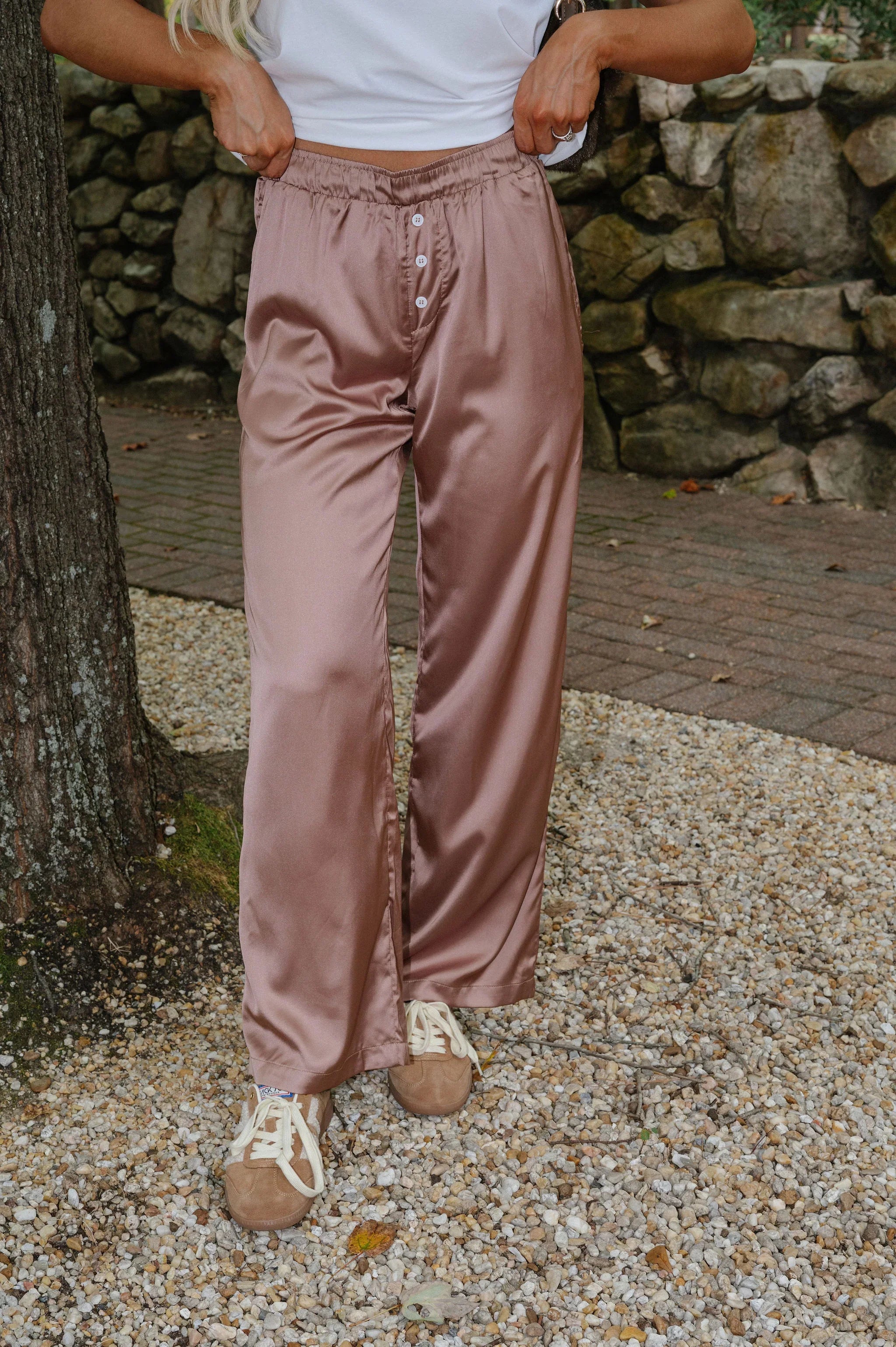 Mid-Waist Wide Leg Satin Pant-Bronze