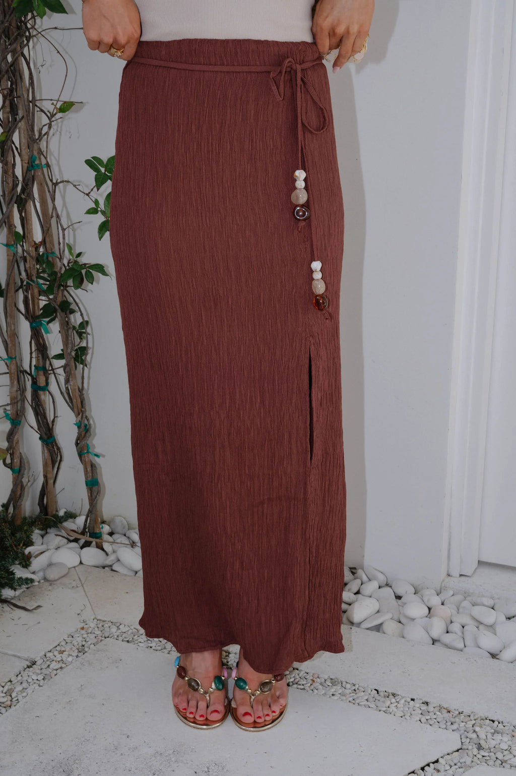 Textured Woven Maxi Skirt-Red Wood