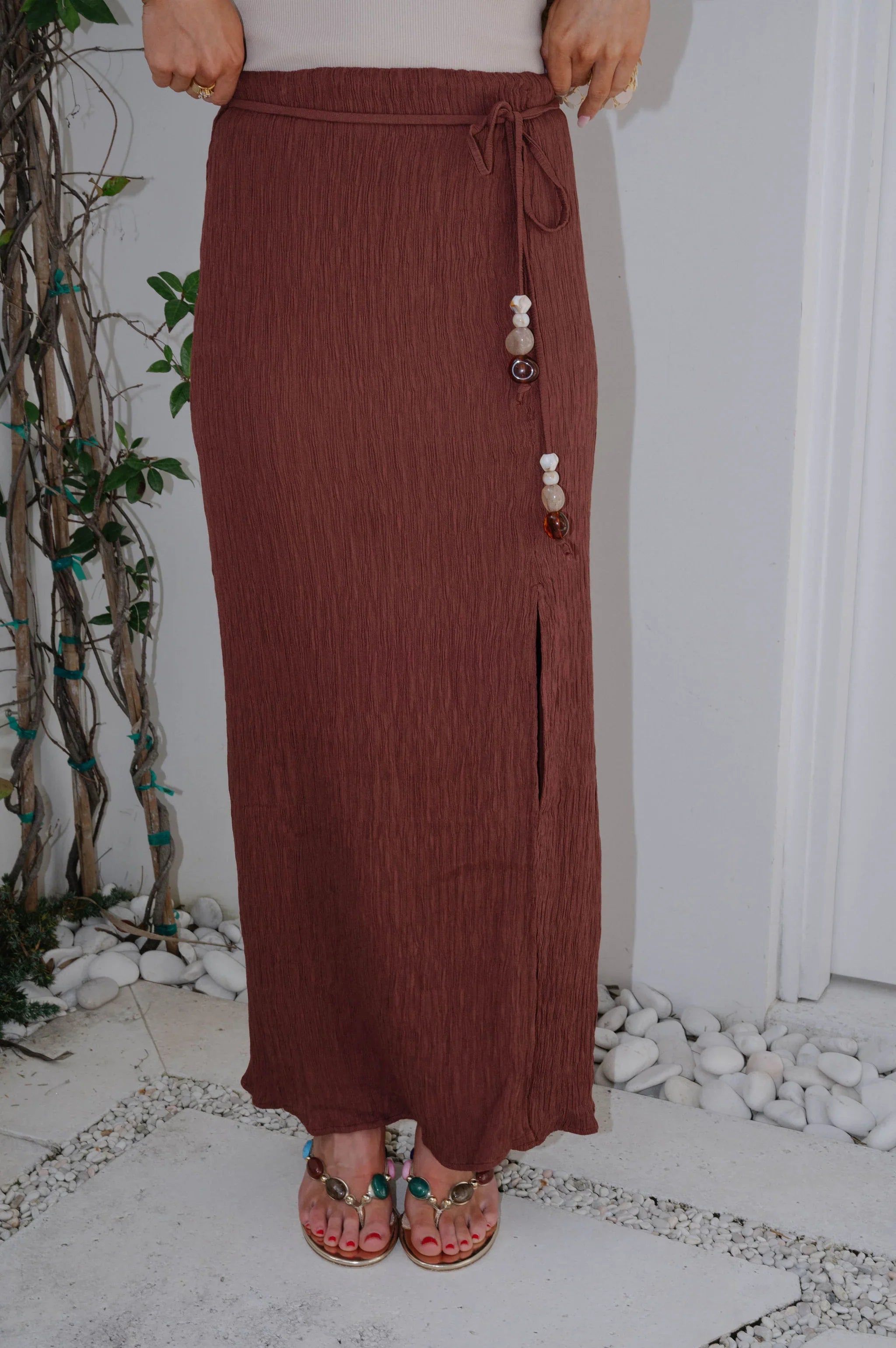 Textured Woven Maxi Skirt-Red Wood