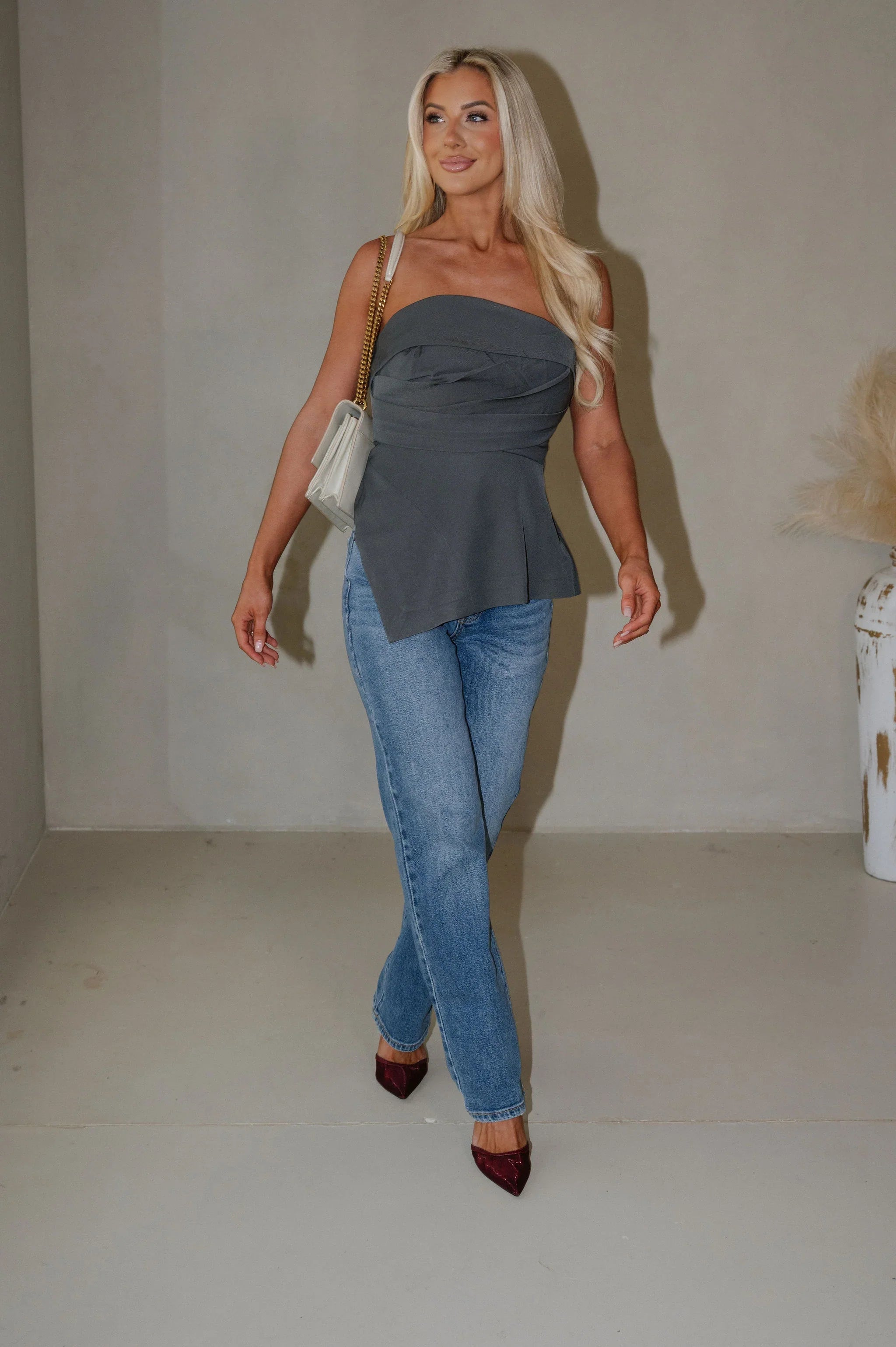 Asymmetric Strapless Top-Dark Grey
