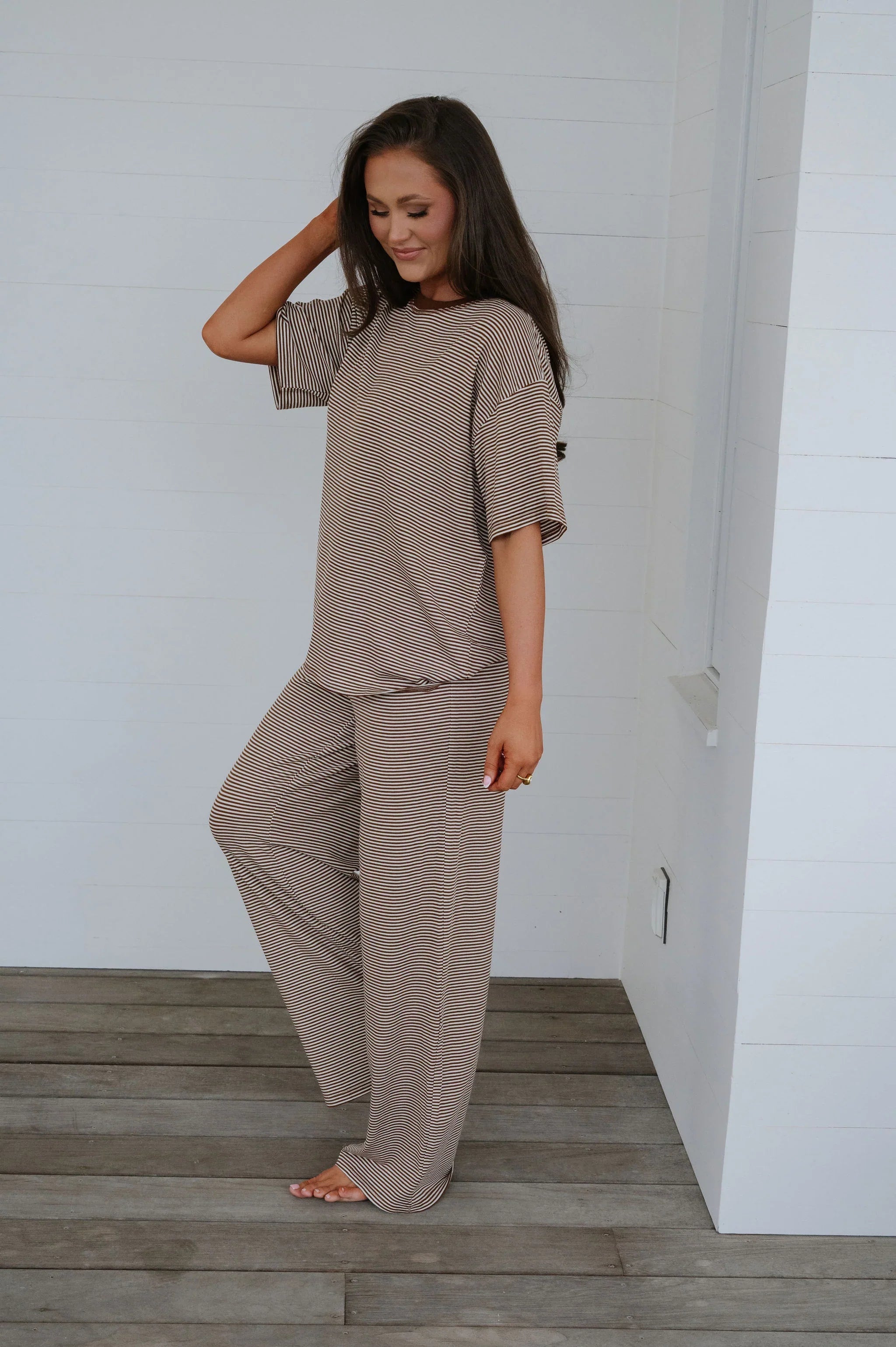 Garrison Striped Pants Set-Brown