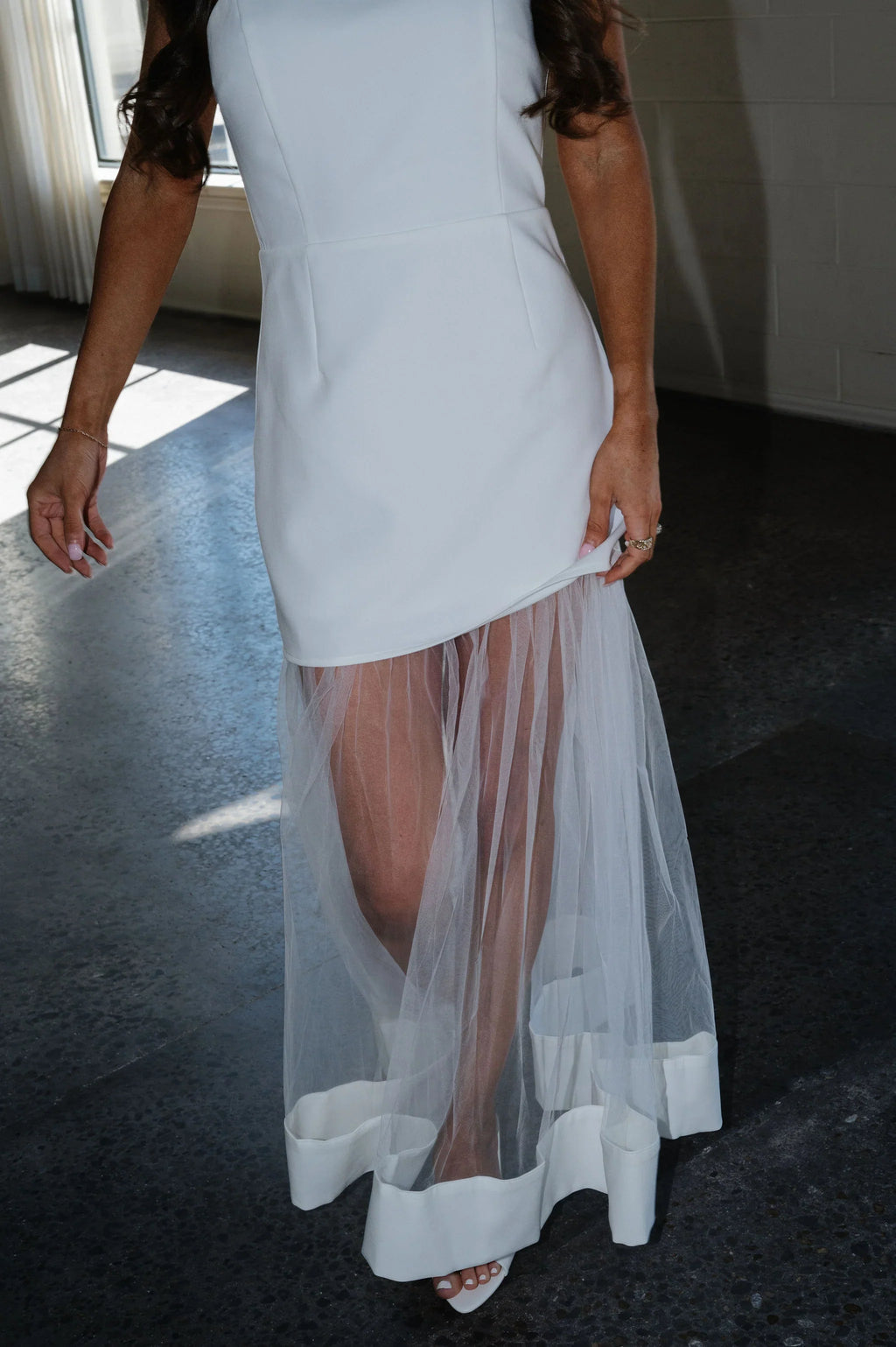 Tulle Skirt Panel Strapless Dress-White