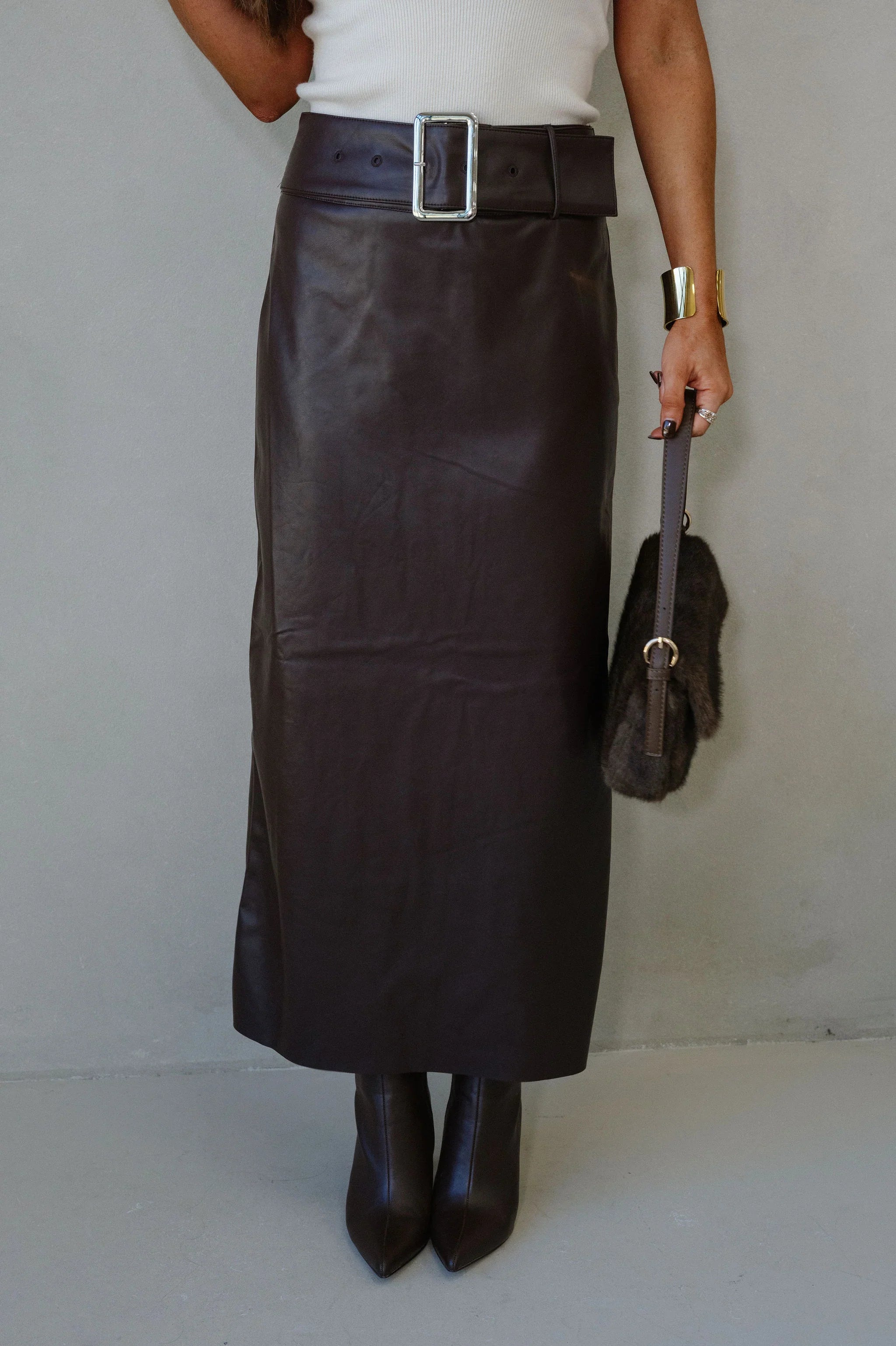 Buckle Waist Back Slit Skirt-Dark Oak
