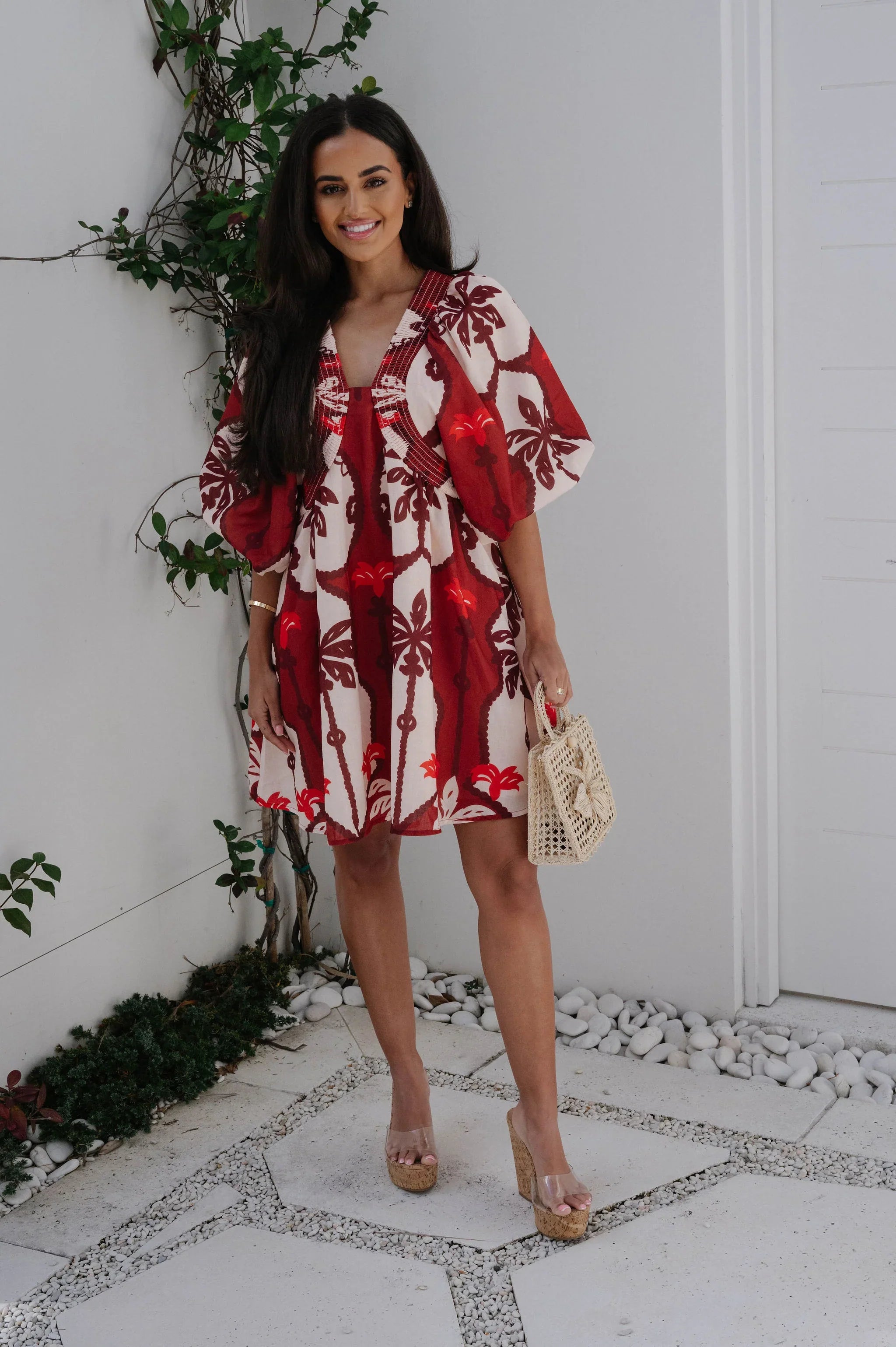 Marina Tropical Mini Dress-Burgundy Multi