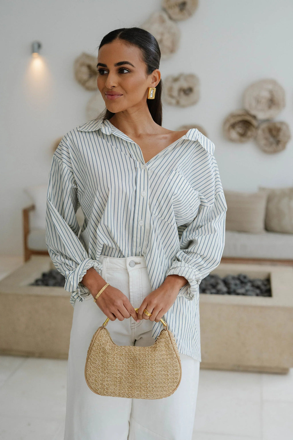 Harrison Oversized Striped Top-Off White/Blue