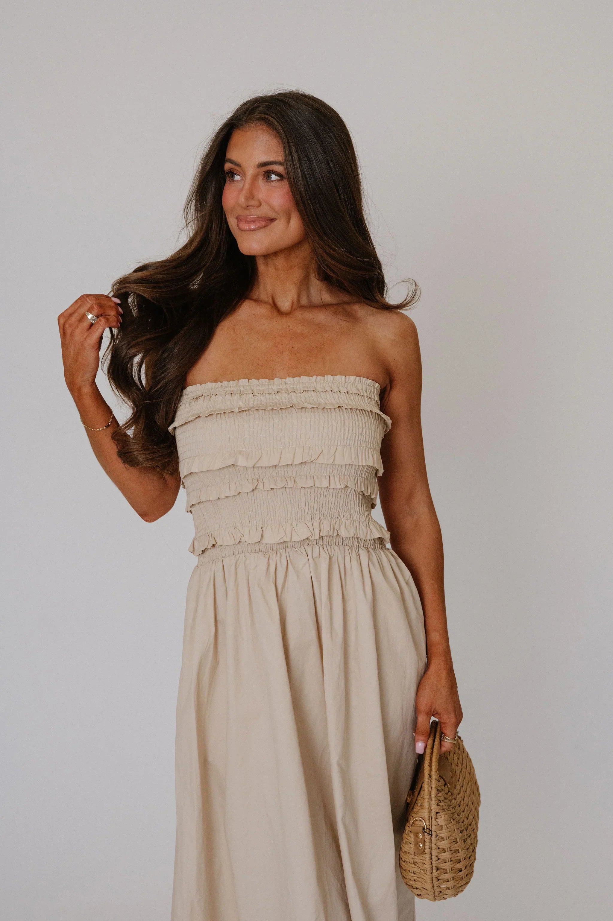 Sara Strapless Midi Dress-Beige