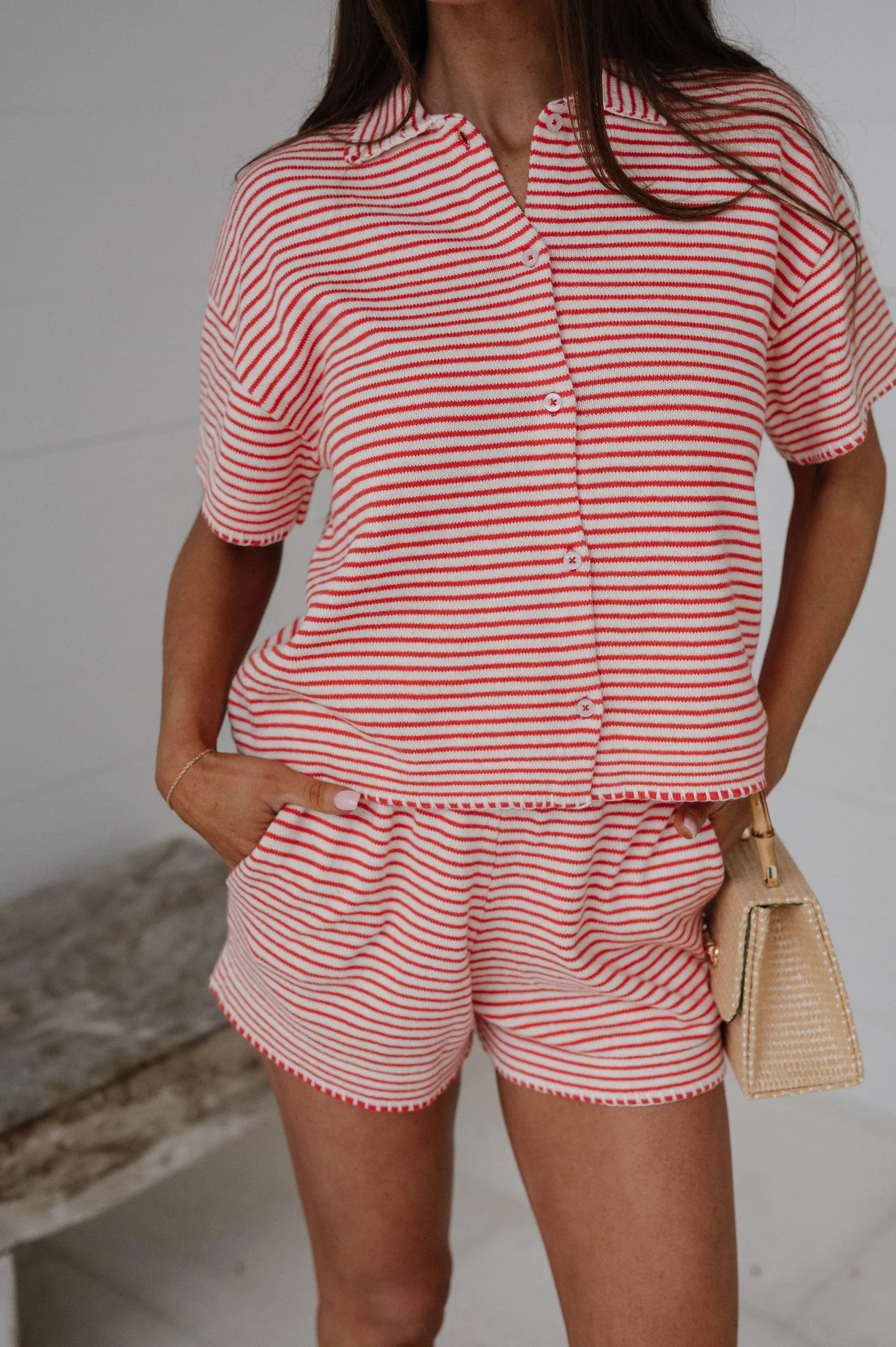 Miah Stripe Knit Shorts Set-Ecru/Red