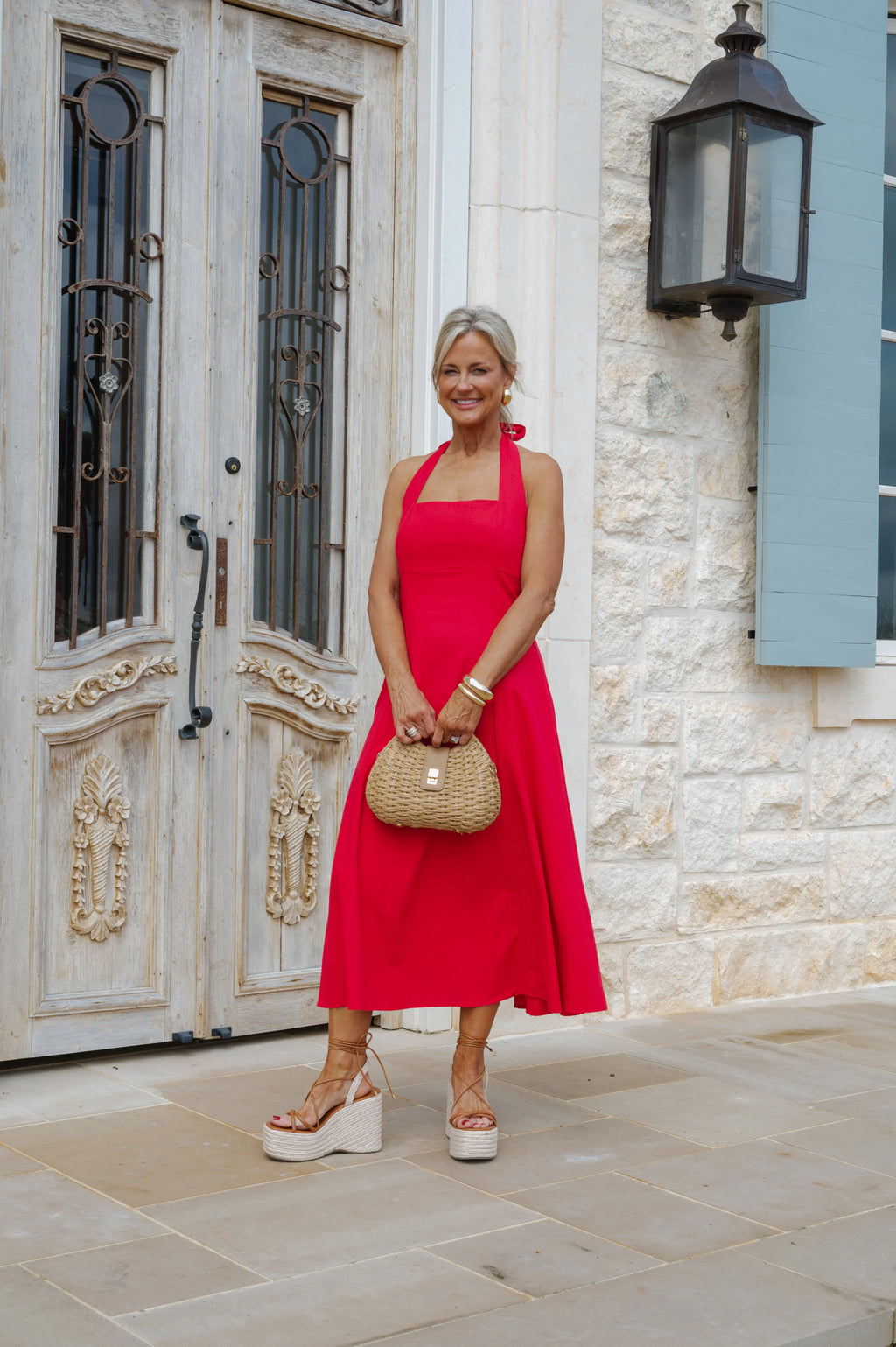 Jane Halter Midi Dress-Red