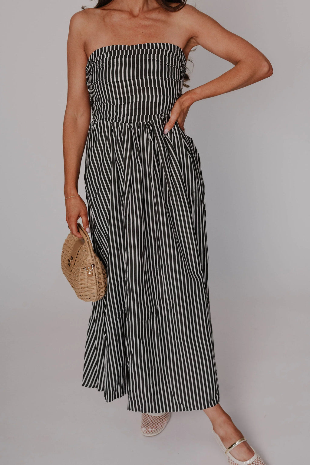Cammie Striped Midi Dress-Black
