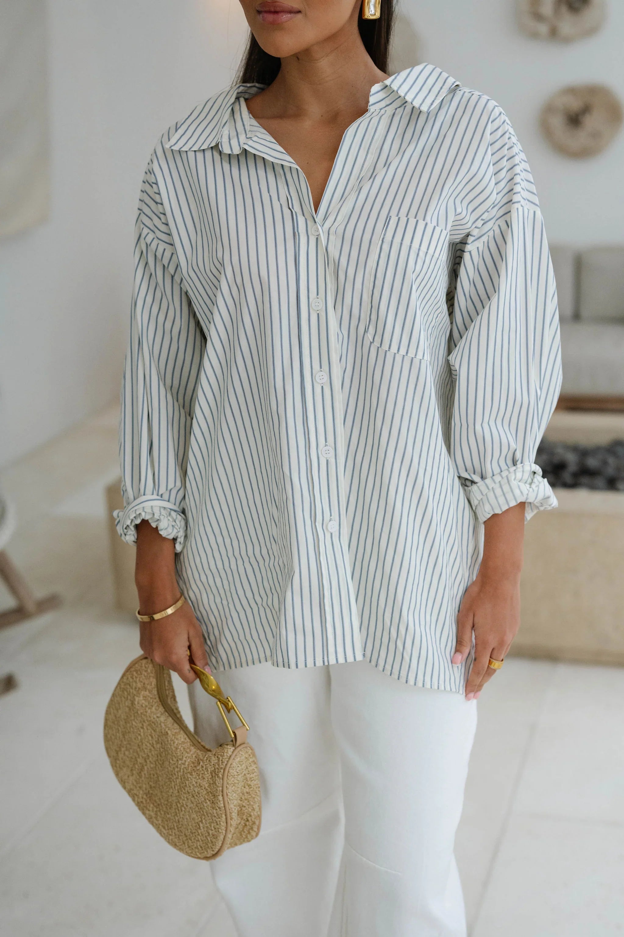 Harrison Oversized Striped Top-Off White/Blue
