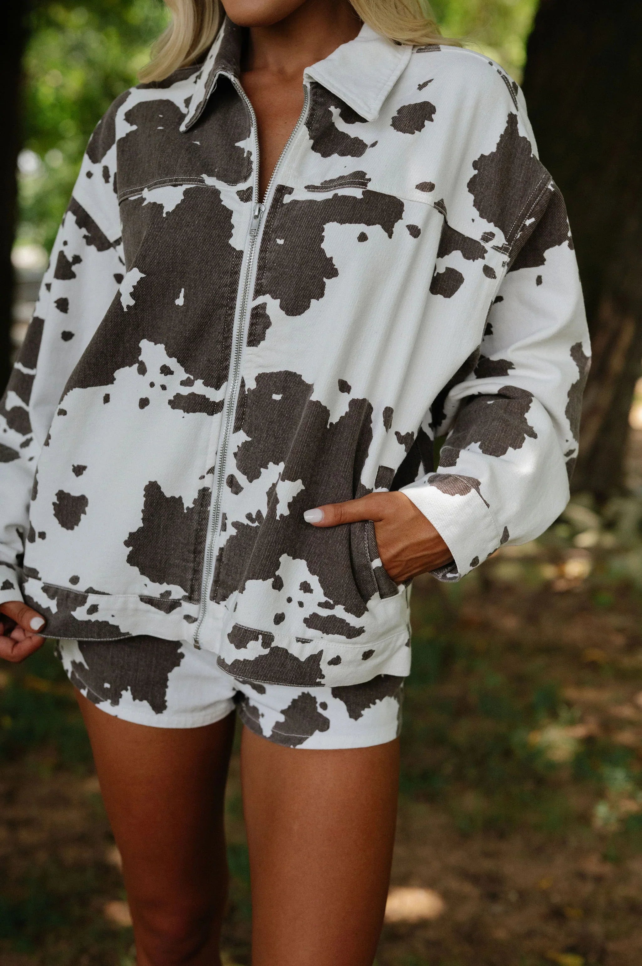 Cow Print Shorts Set-White/Brown