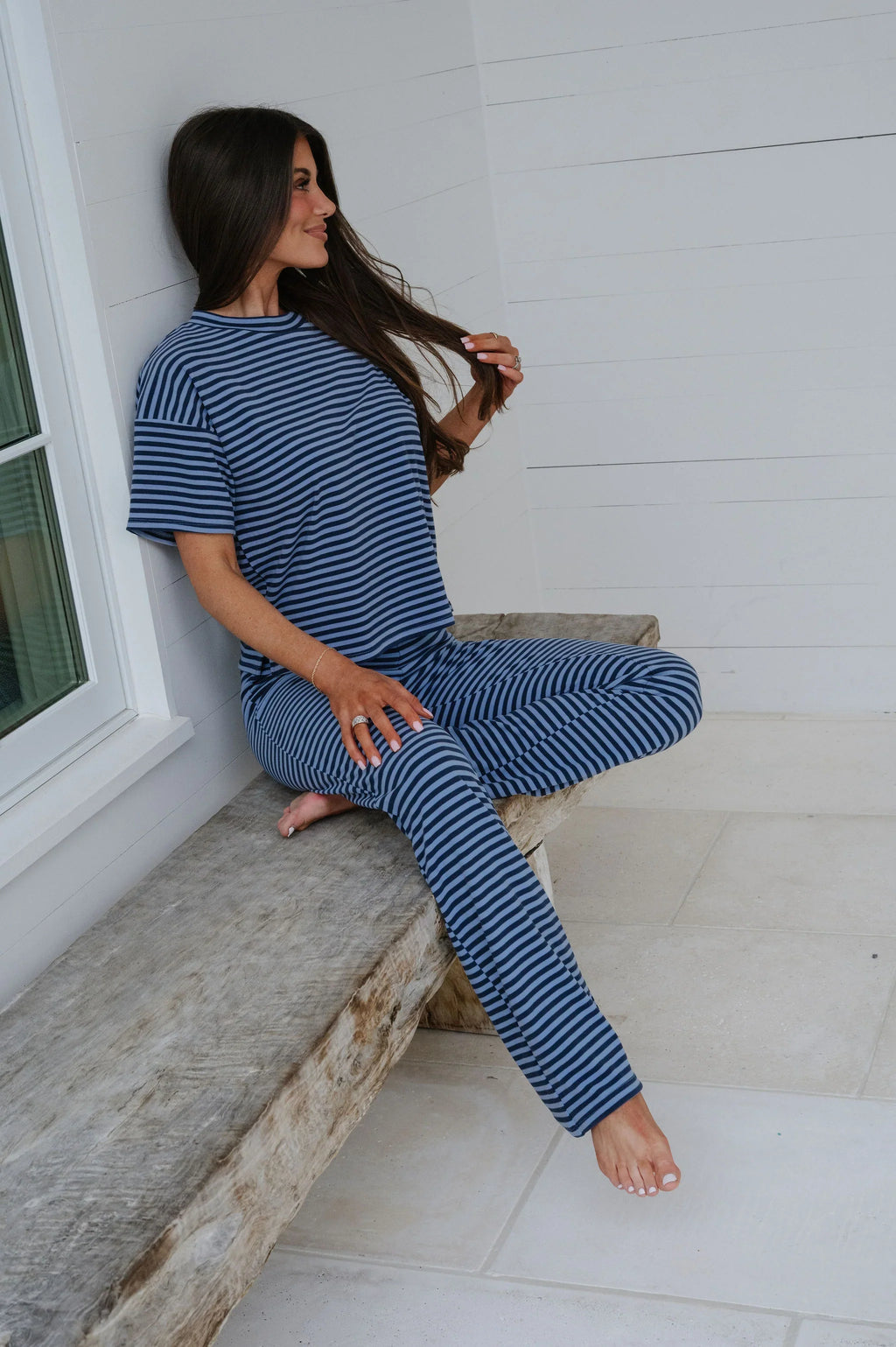 Dylan Striped Pants Set-Navy