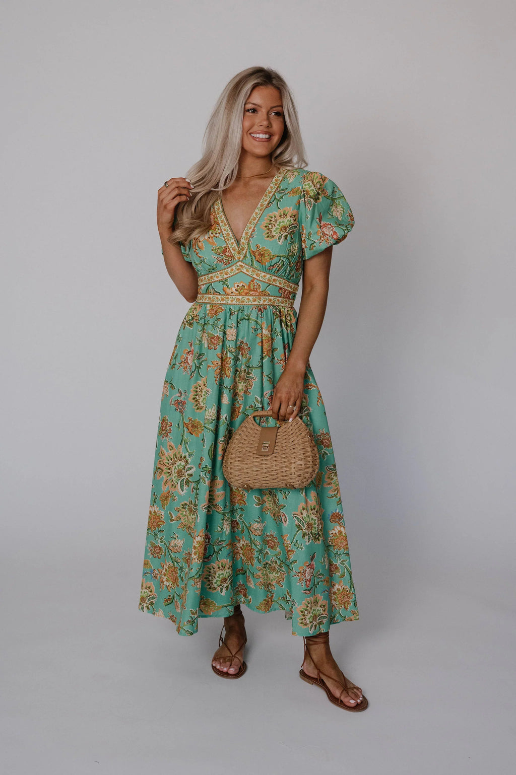 Jaynie Puff Sleeve Midi Dress-Green Multi