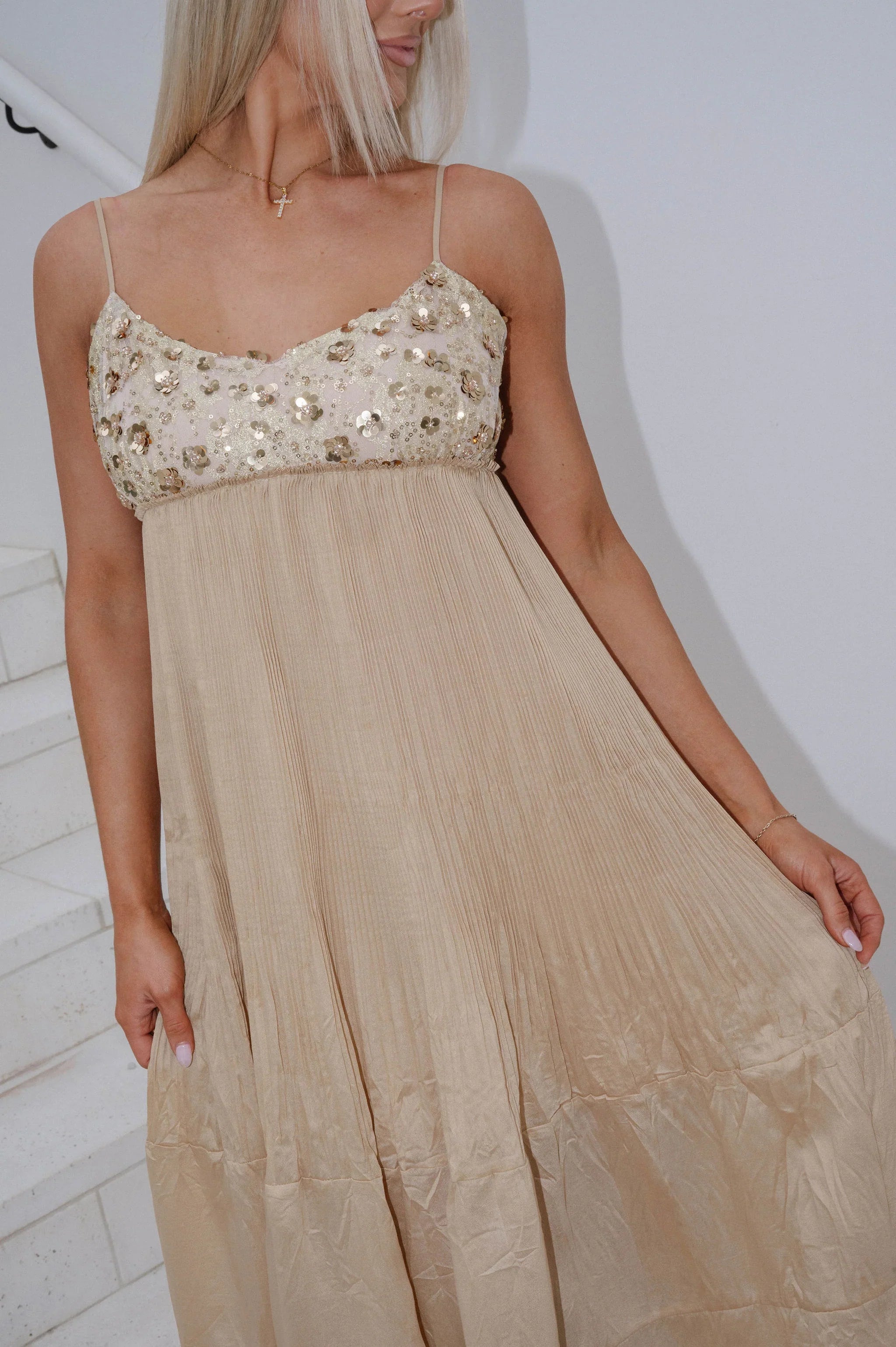 Tyler Sequin Detail Maxi Dress-Tan