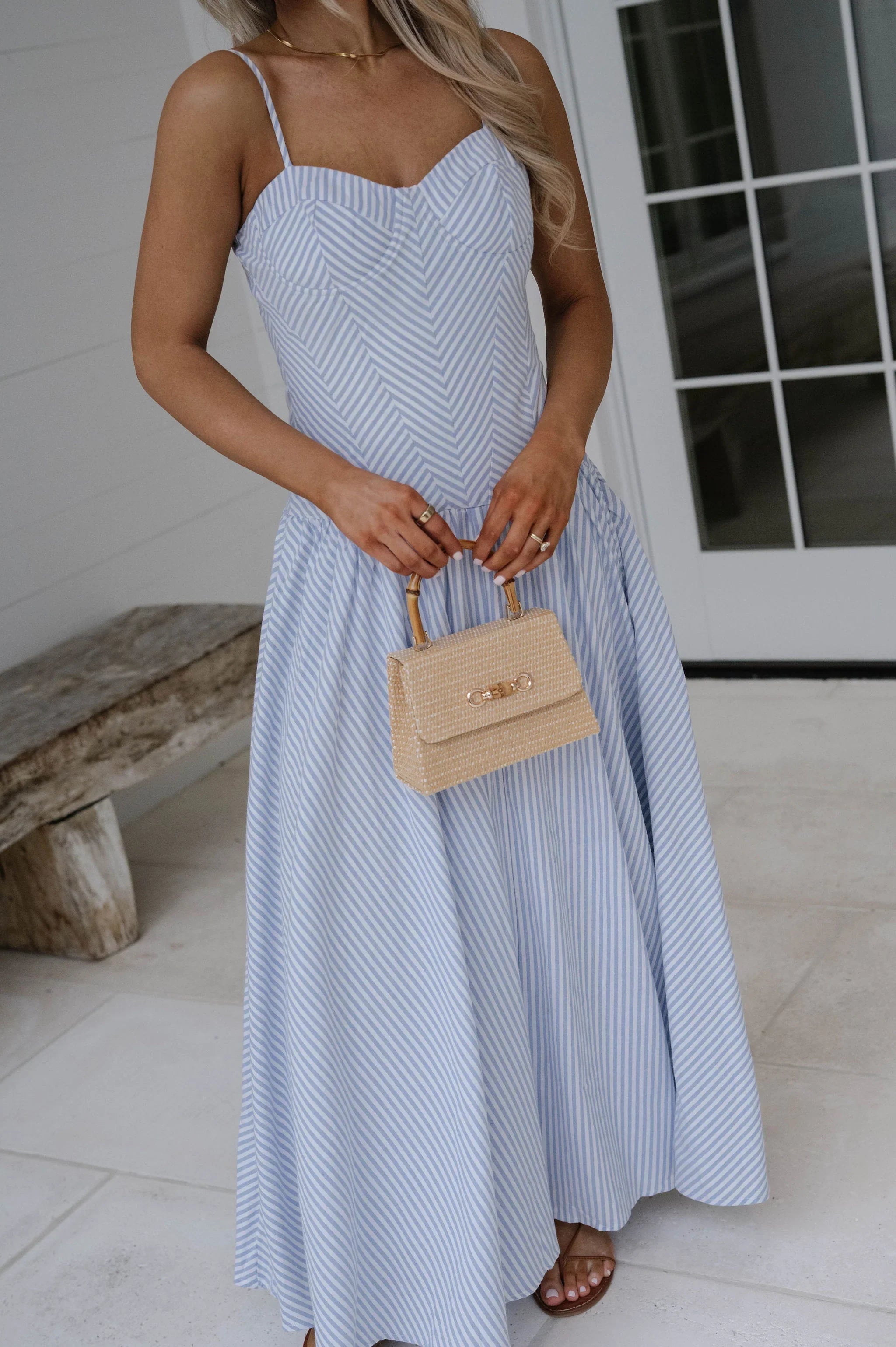 Sweetheart Striped Maxi Dress-Light Blue