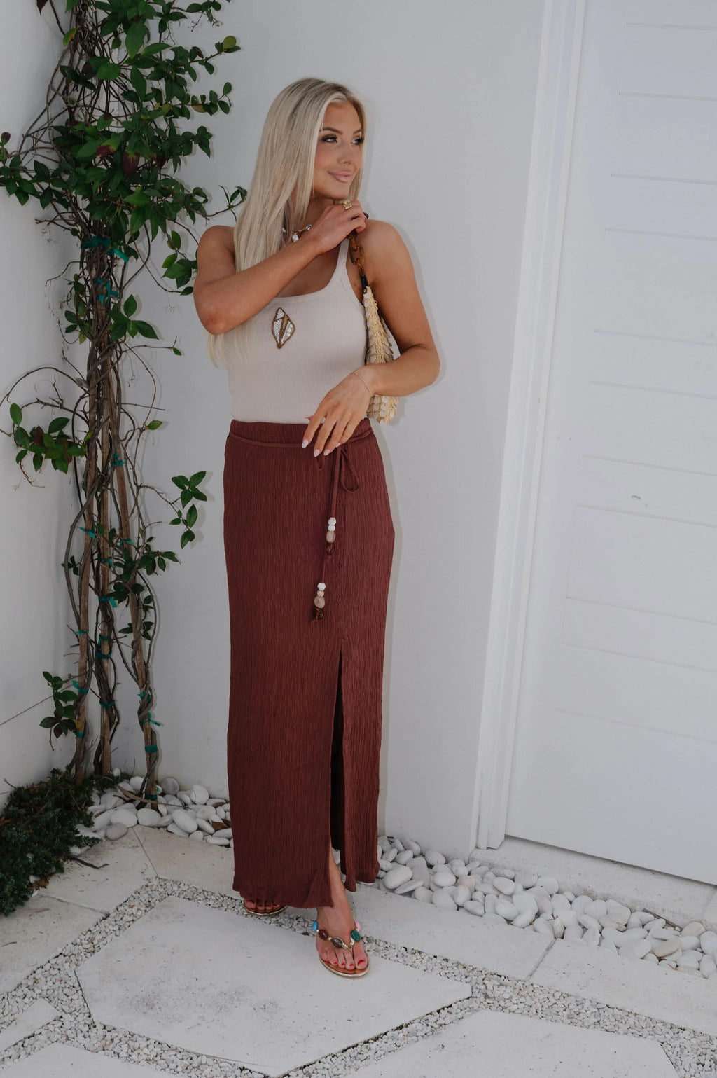 Textured Woven Maxi Skirt-Red Wood