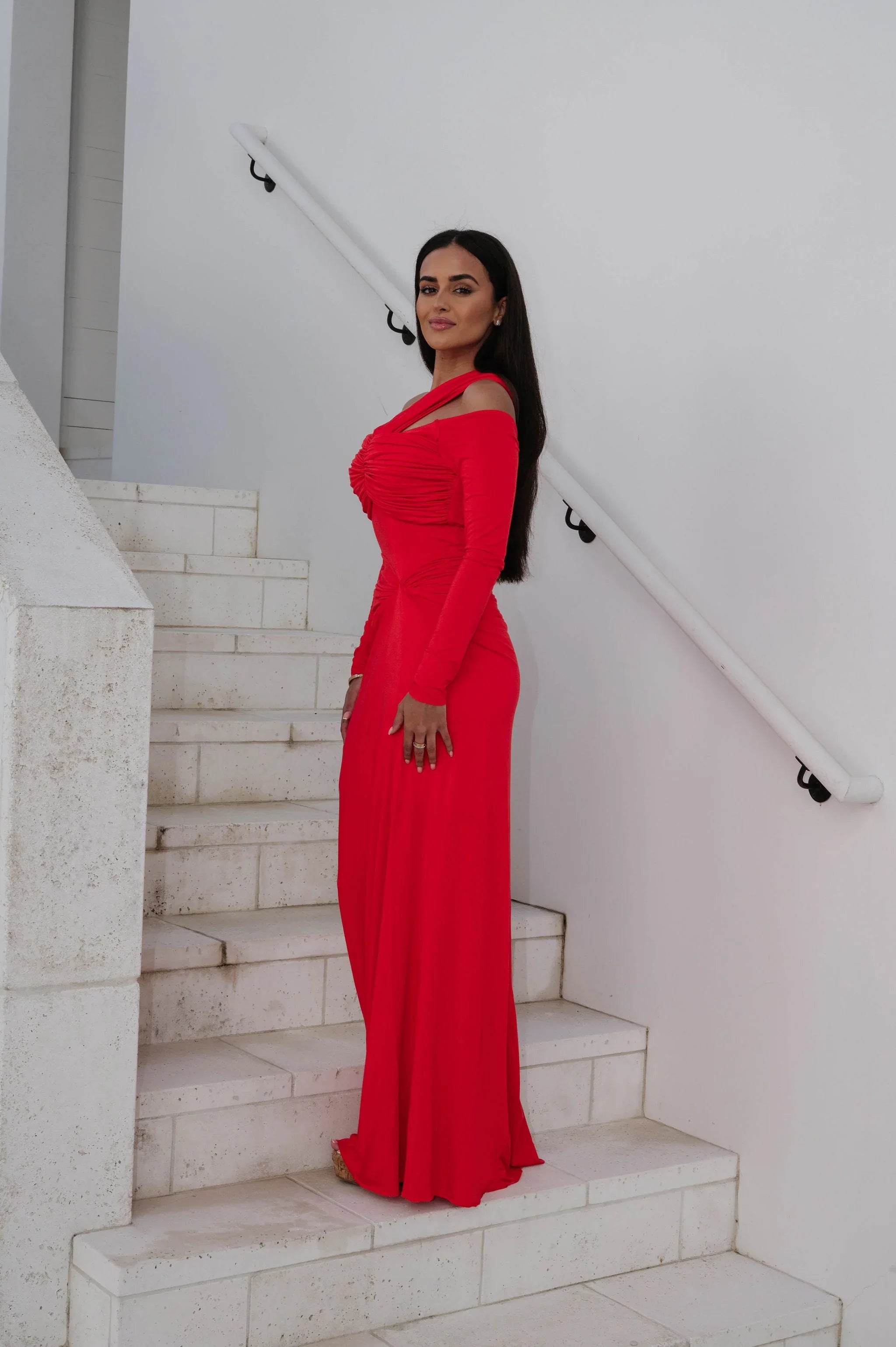 Loren OTS Ruched Maxi Dress-Red