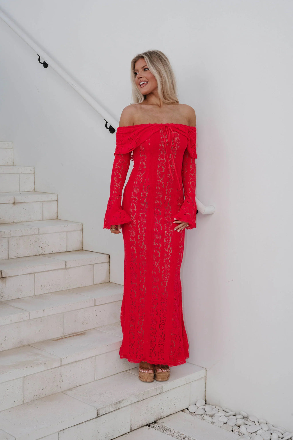Della Lace Maxi Dress-Red/Nude