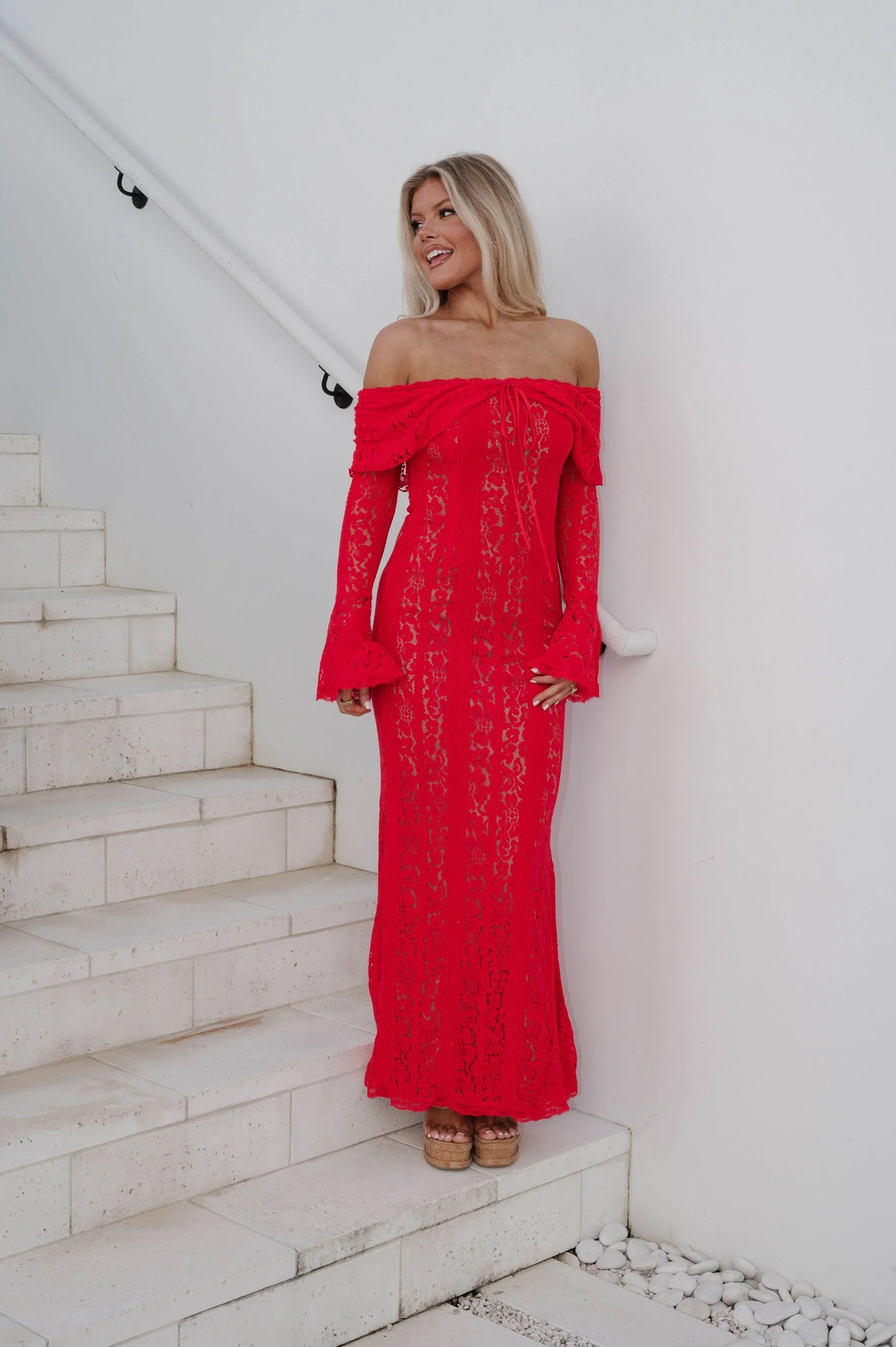 Della Lace Maxi Dress-Red/Nude
