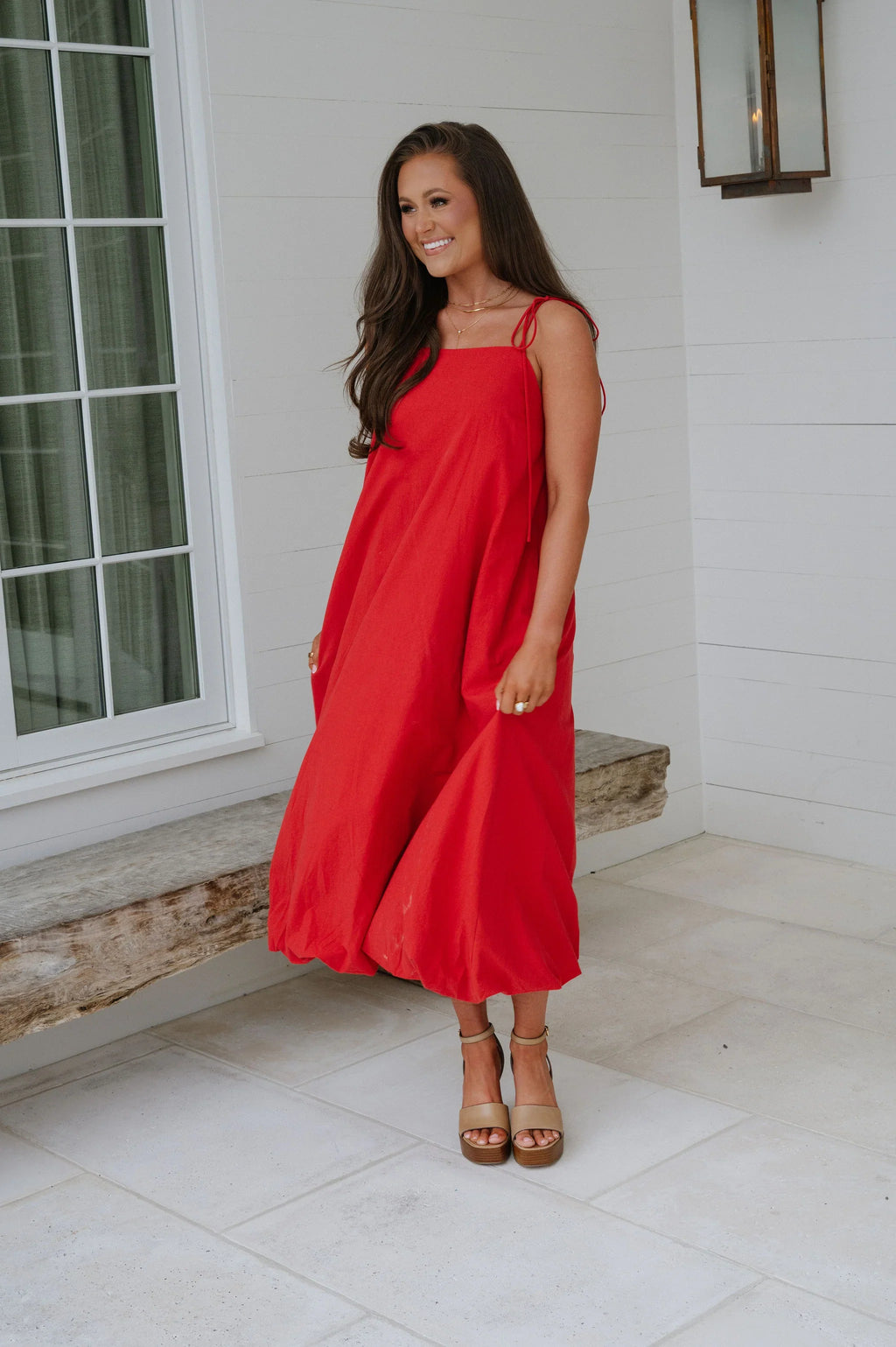 Bubble Hem Midi Dress- Red
