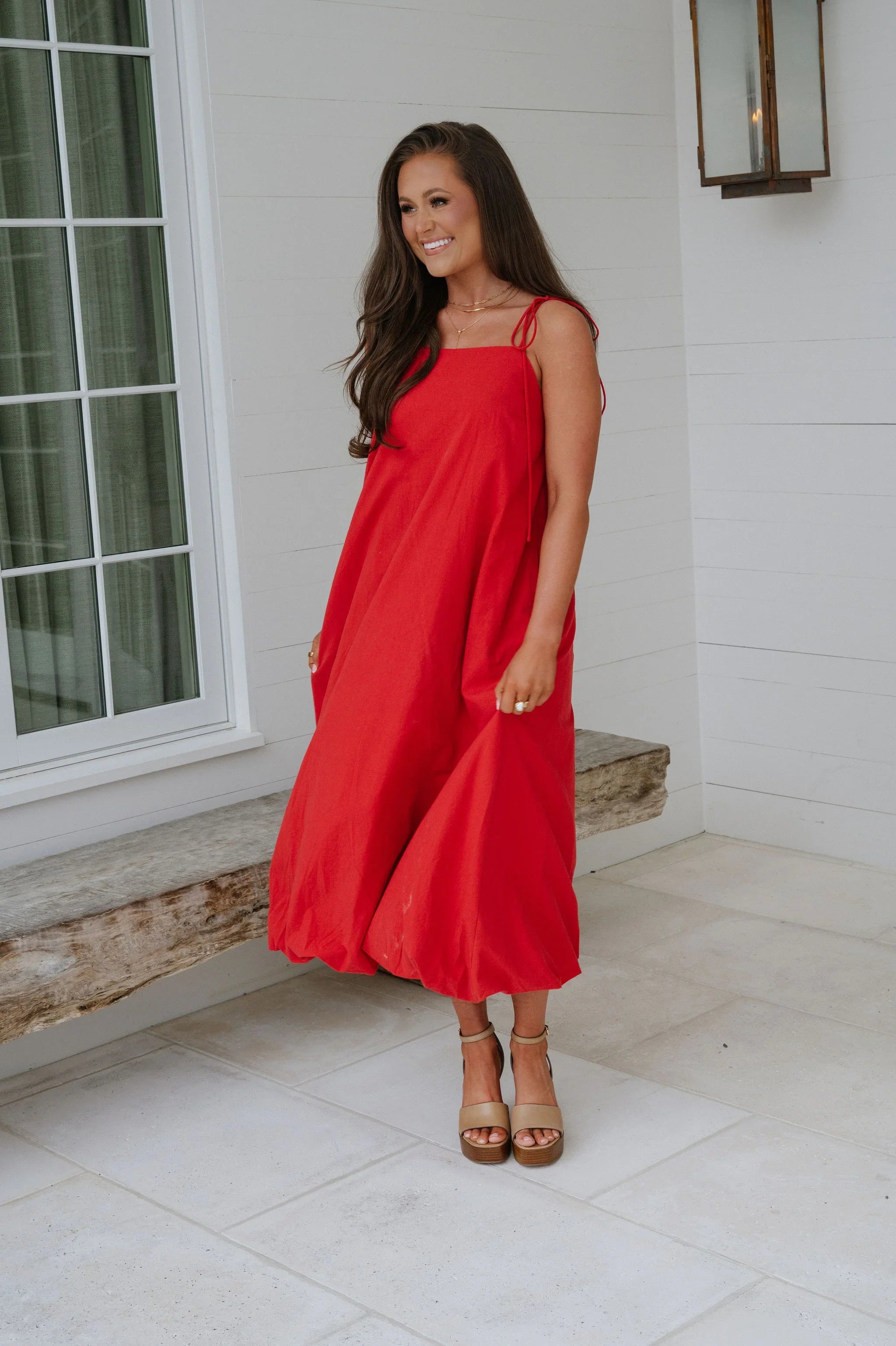 Bubble Hem Midi Dress- Red