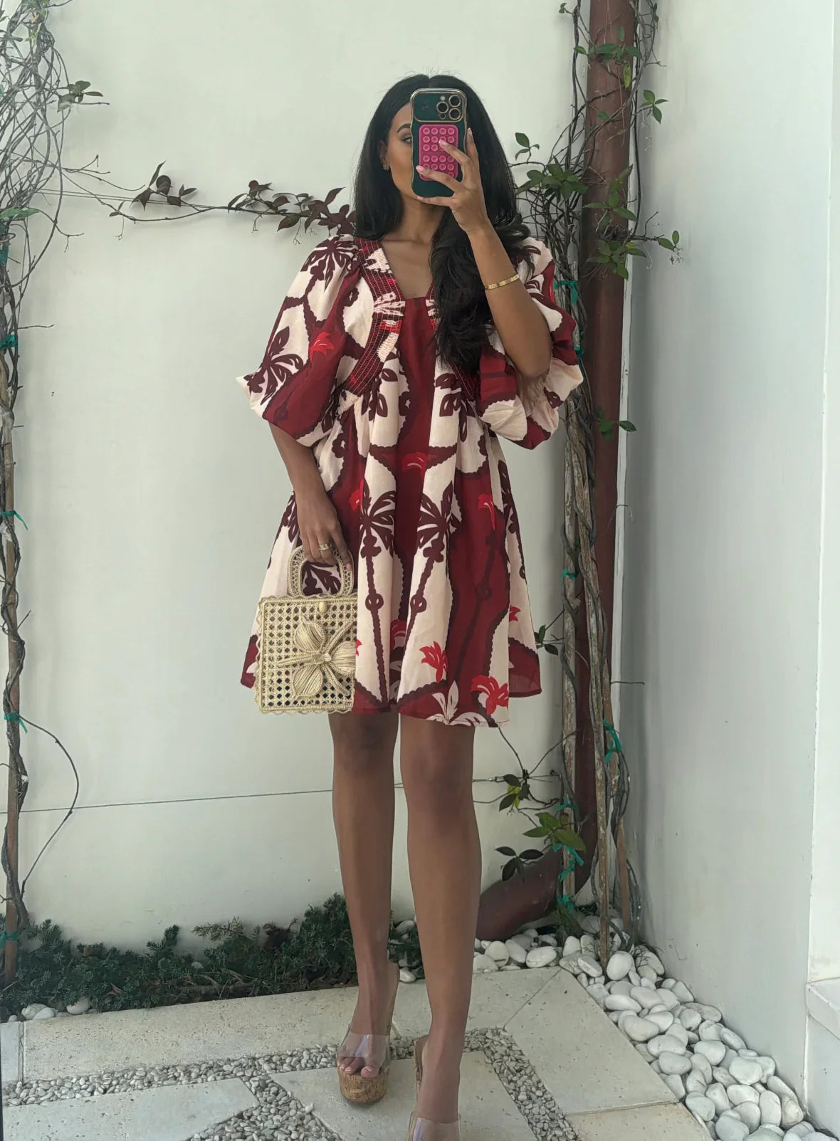 Marina Tropical Mini Dress-Burgundy Multi