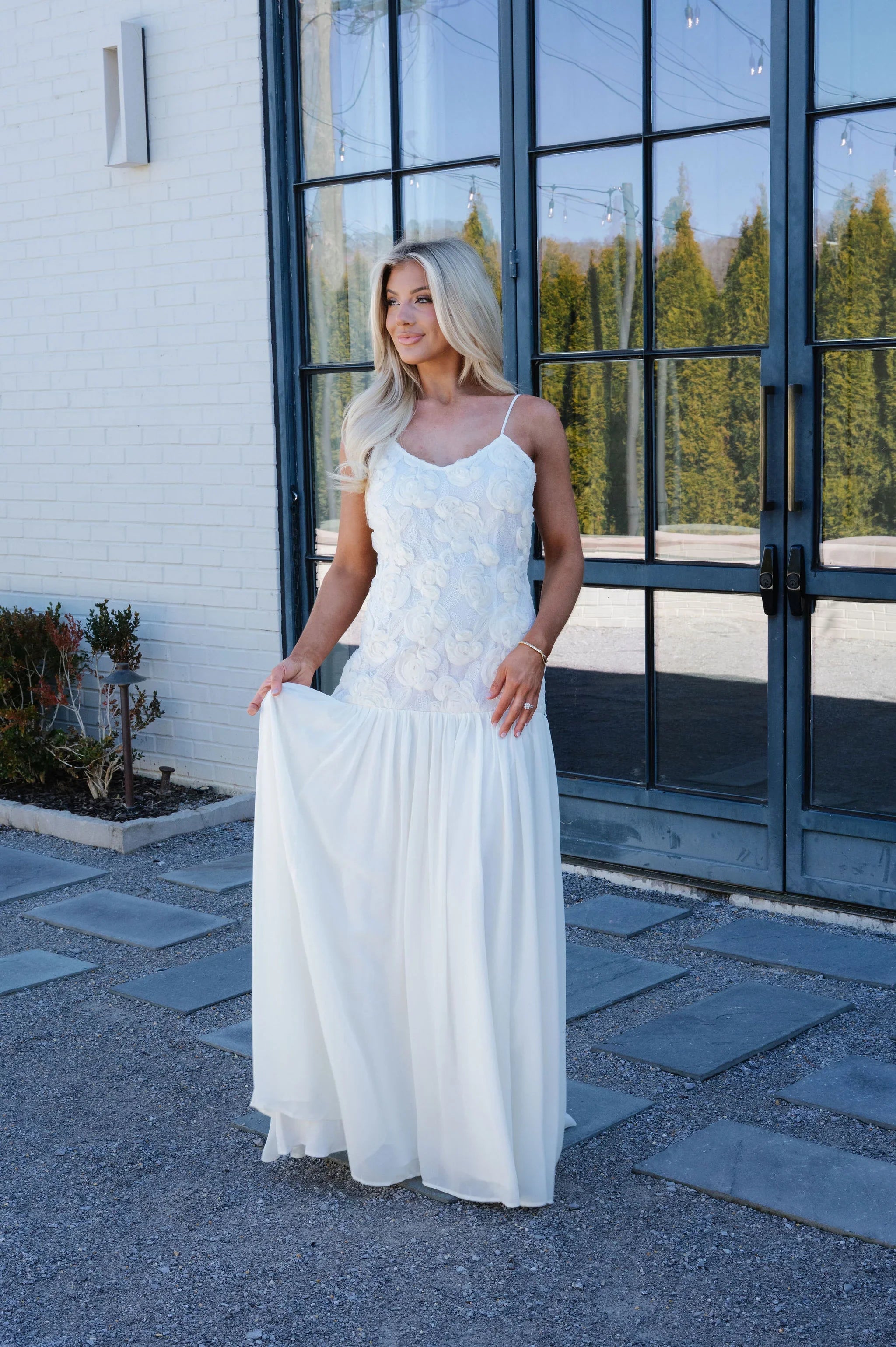 Elegant Rose Textured Maxi Dress-Ivory