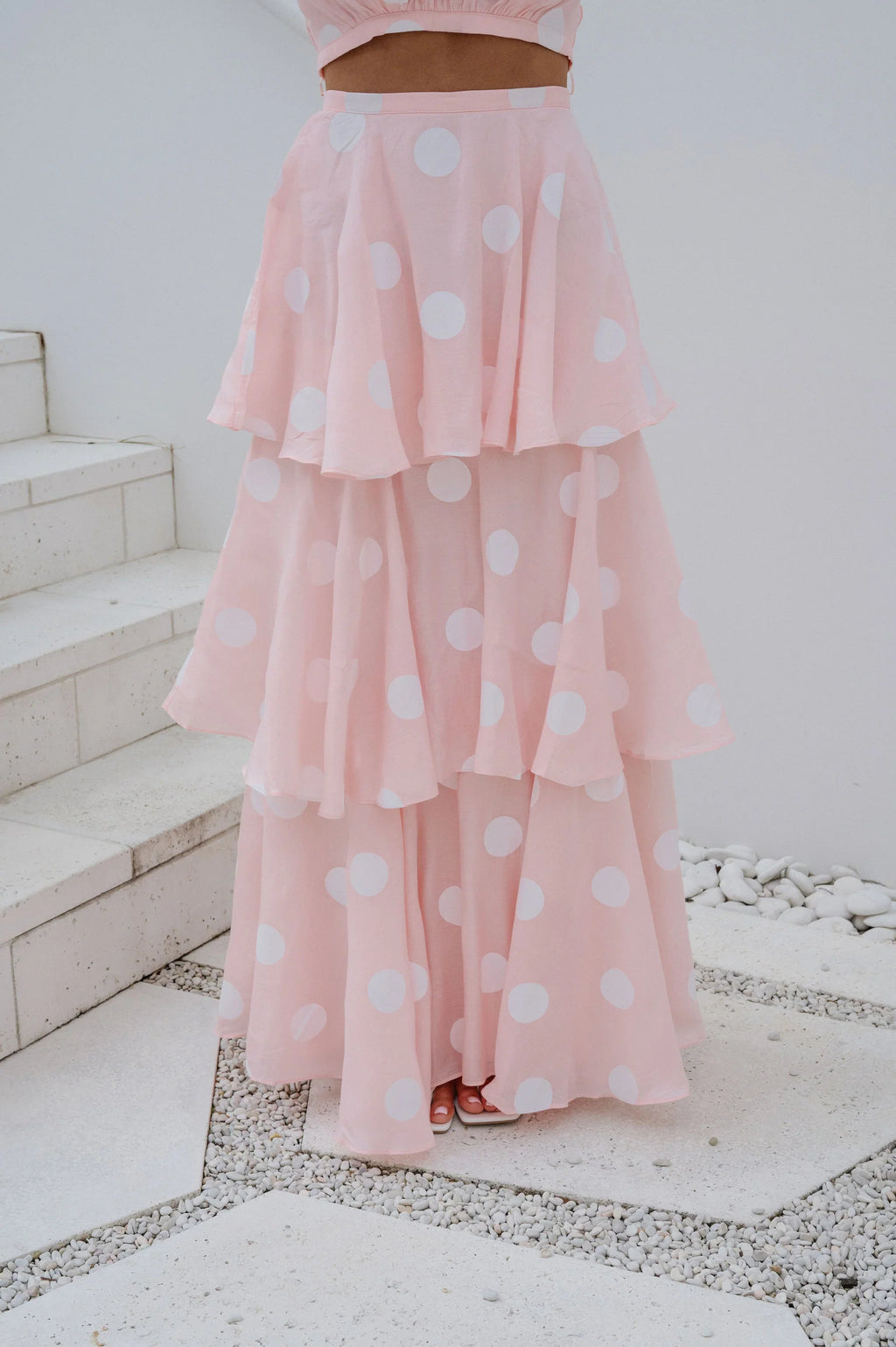 Spring Polka Dot Halter Neck Skirt Set-Pink
