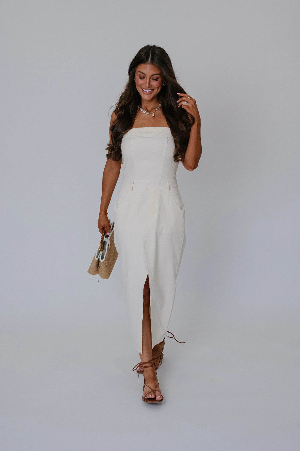 Kameron Front Slit Midi Dress- Cream