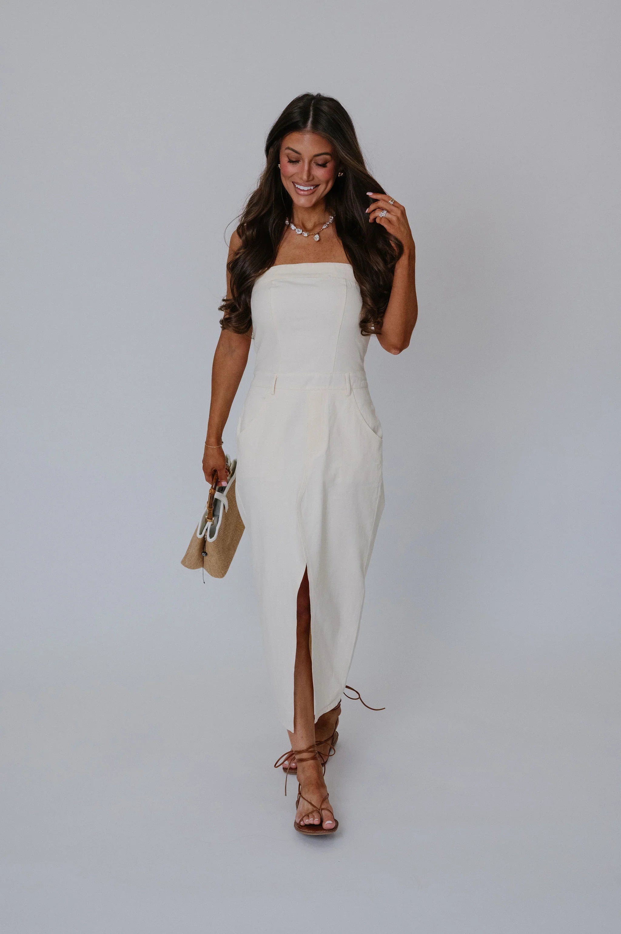 Kameron Front Slit Midi Dress- Cream