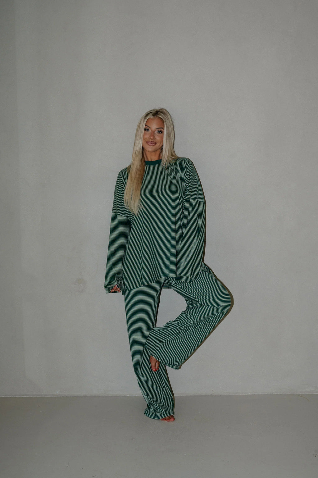 Nora Striped Fleece Oversized Top-Green