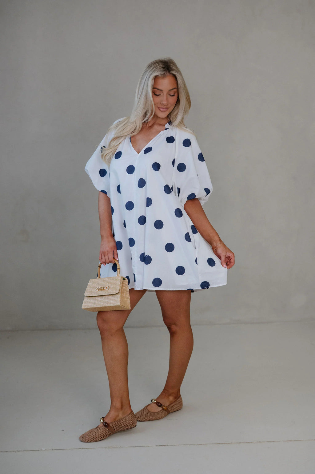 Devyn Polka Dot Mini Dress-Navy