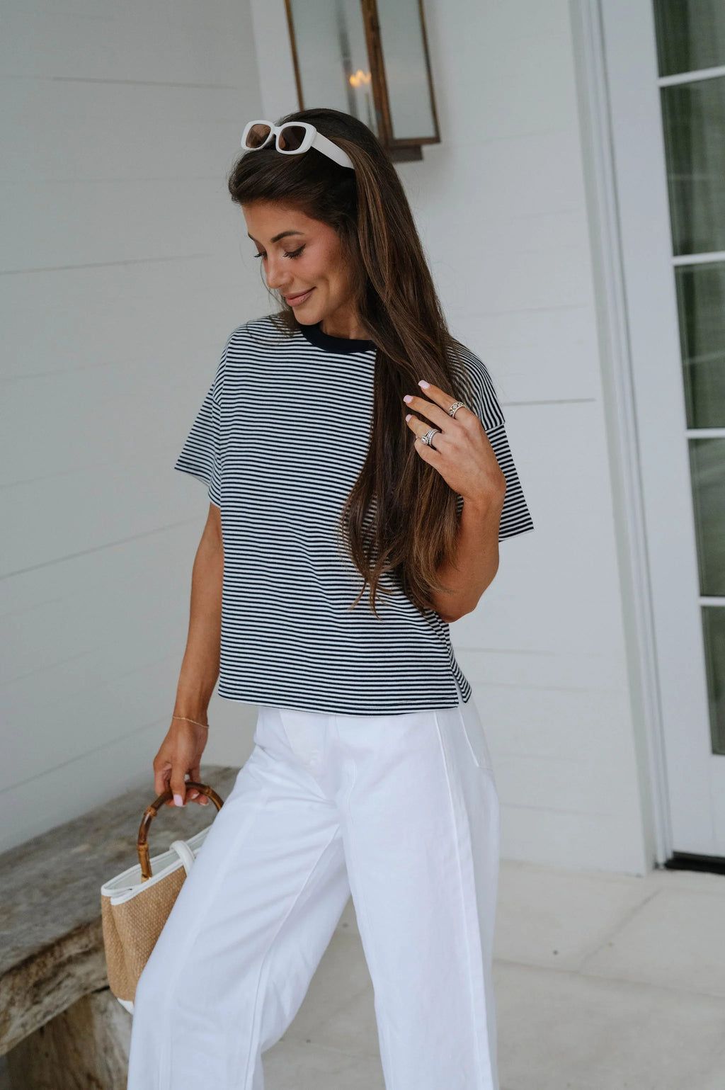 Striped Short Sleeve Top- Navy
