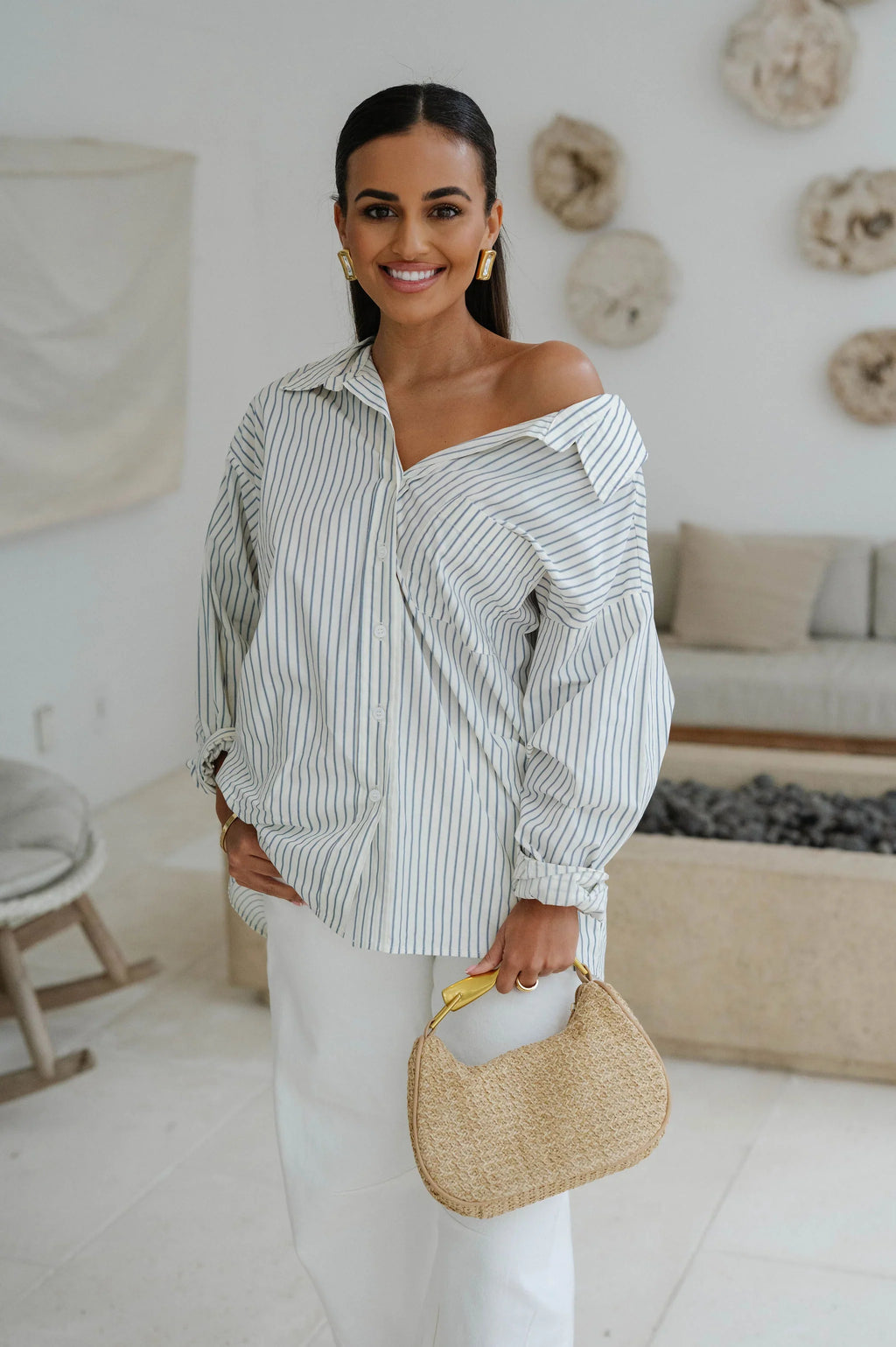 Harrison Oversized Striped Top-Off White/Blue