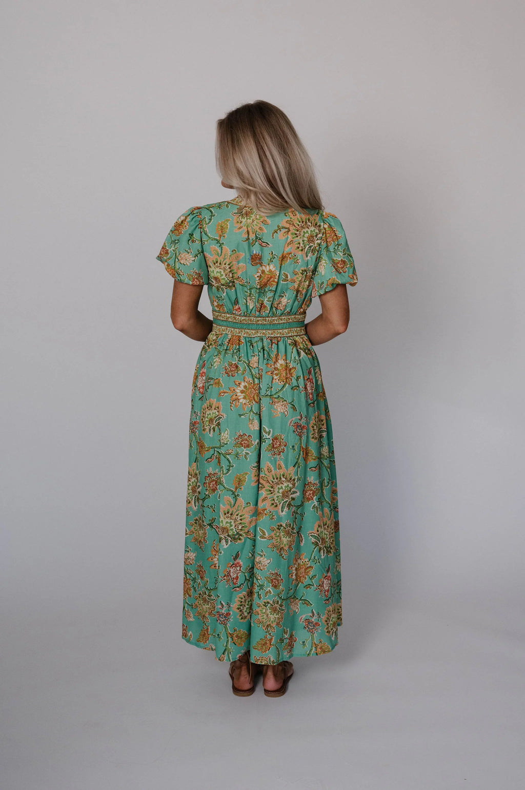 Jaynie Puff Sleeve Midi Dress-Green Multi