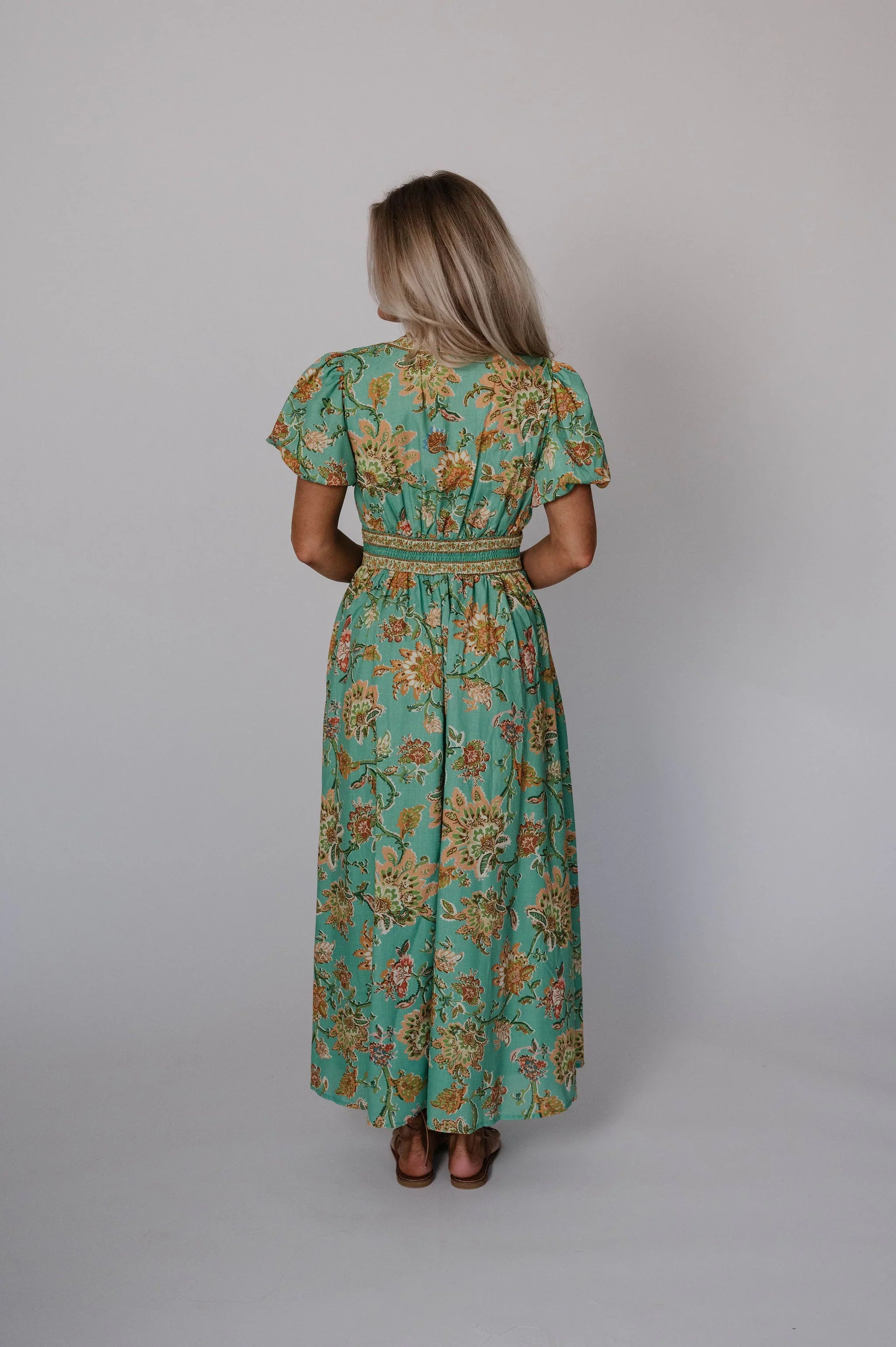 Jaynie Puff Sleeve Midi Dress-Green Multi