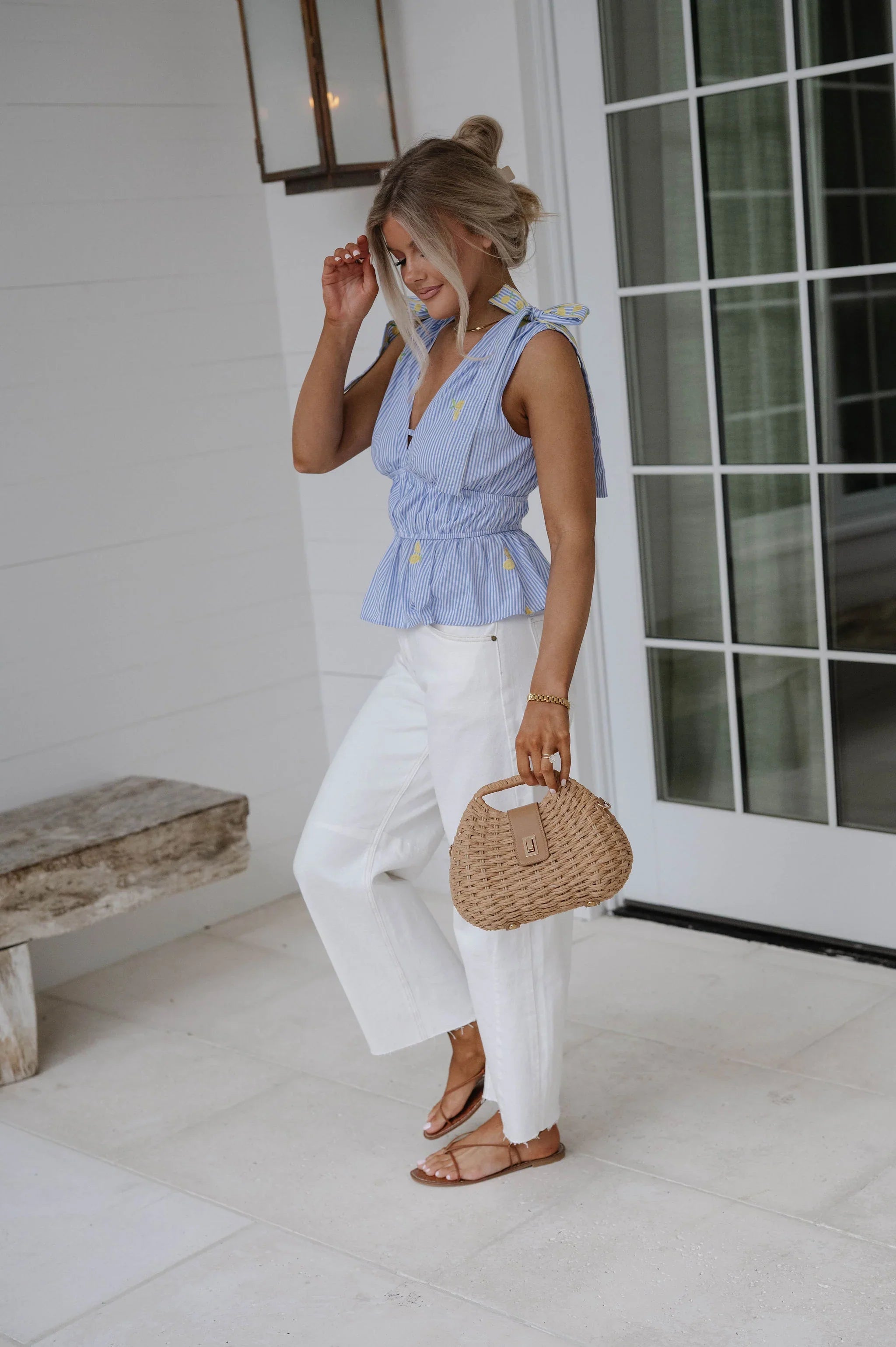 Lemon Embroidery Top-Marina Blue