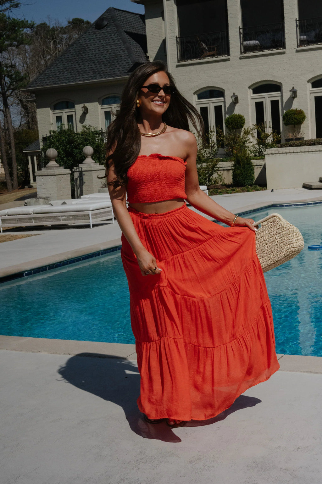 Jenni Tiered Skirt Set-Orange Red