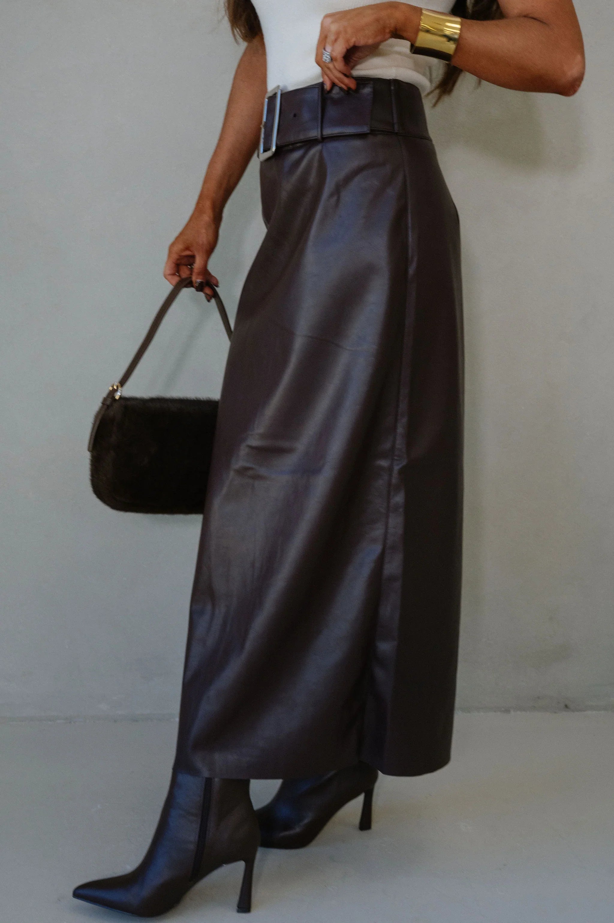Buckle Waist Back Slit Skirt-Dark Oak