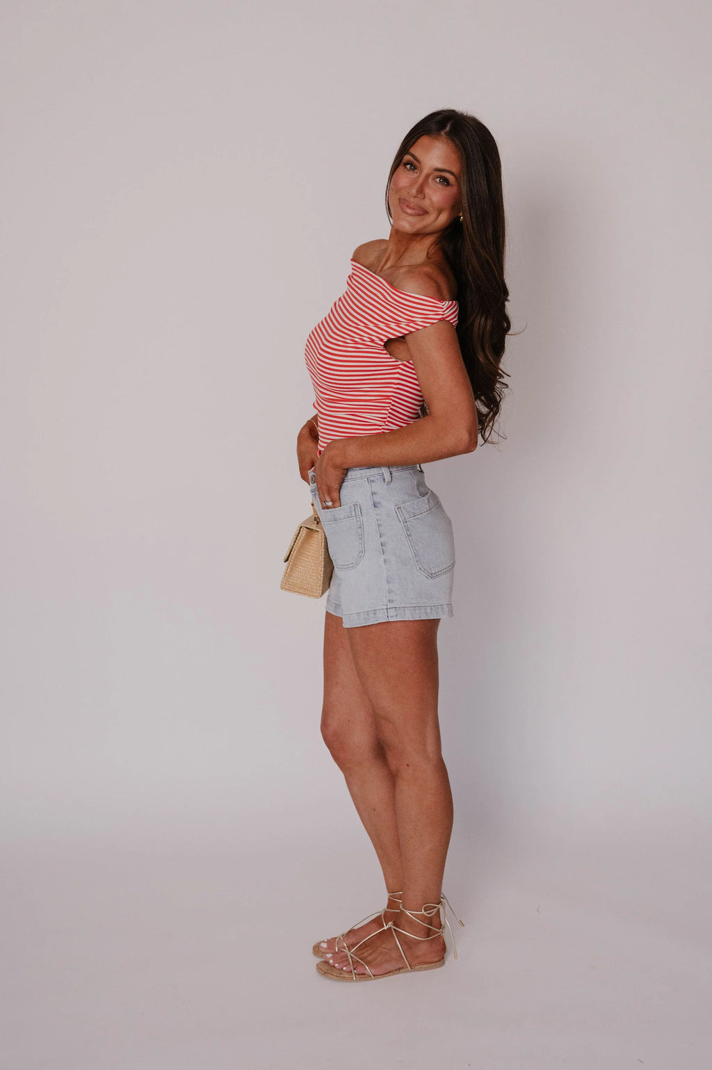 Lauren OTS Striped Top-Red/Off White