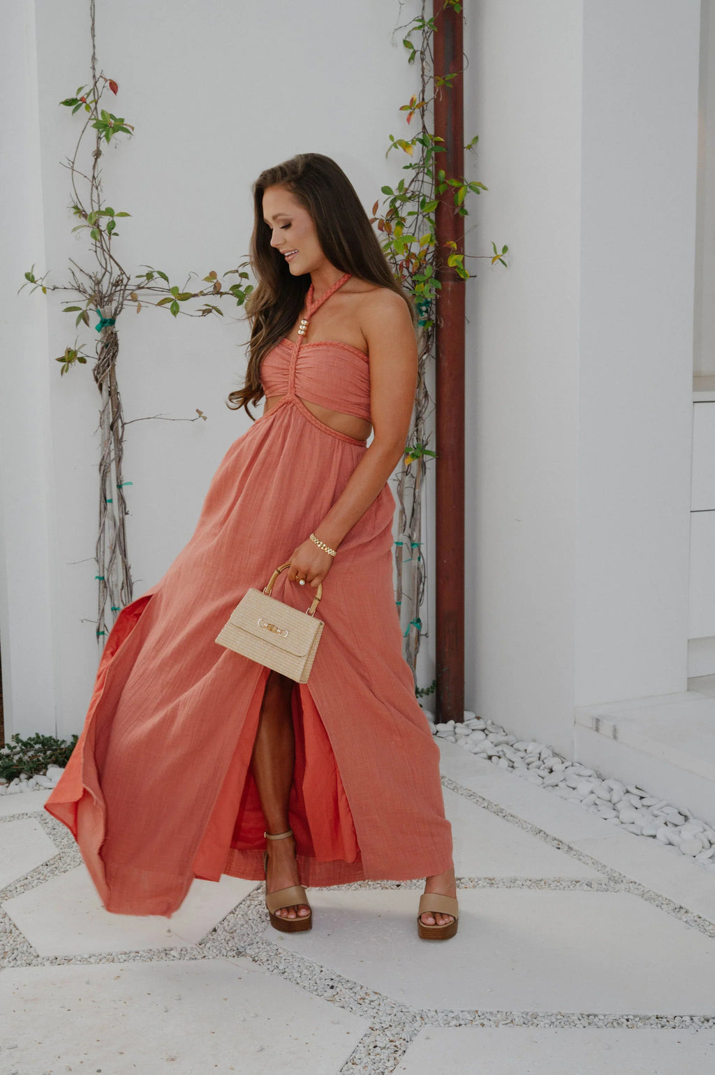 Braided Cut Out Maxi Dress-Rust