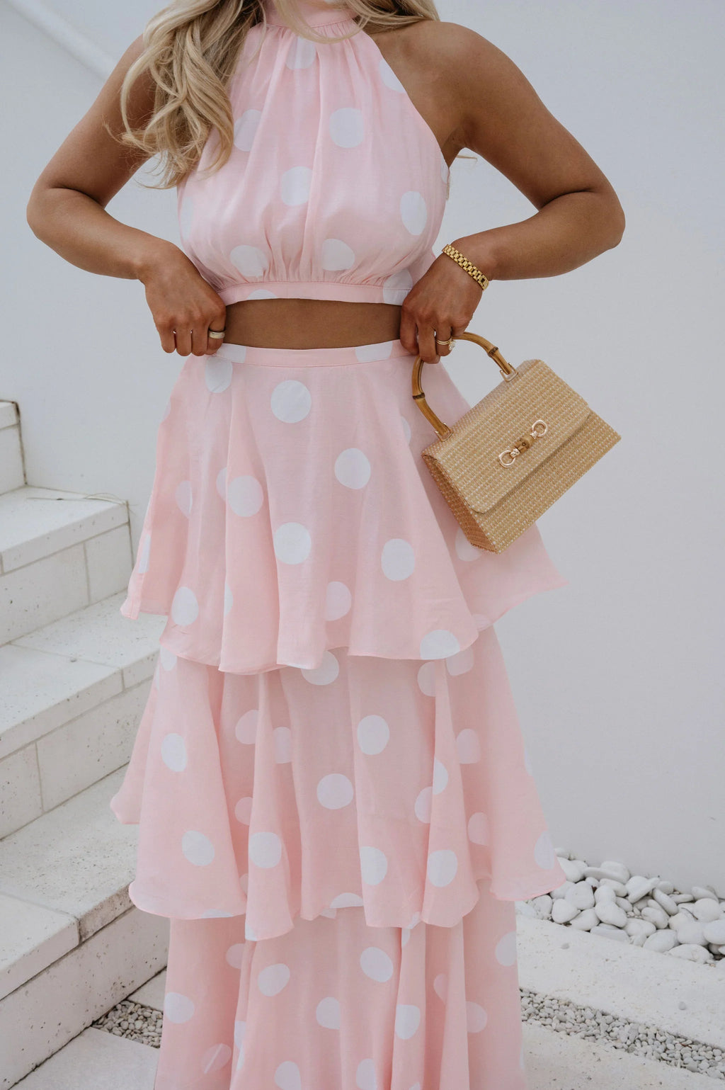 Spring Polka Dot Halter Neck Skirt Set-Pink
